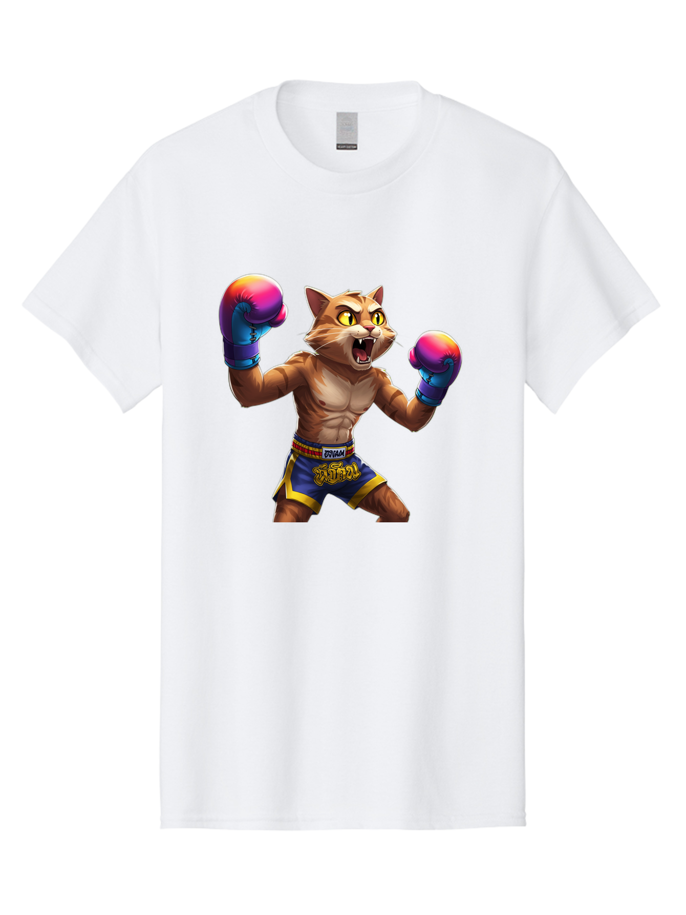Muay-Thai-Cat-8 Men'S Graphic Tee, 100% Cotton, Comfortable Casual Summer Wear, Machine Washable, Cartoon Cat, Muay Thai Fighter, Boxing Gloves, Blue Shorts, Strong Muscles, Aggressive Stance, Fighting Pose, Cartoon Character, Muay Thai, Bae557