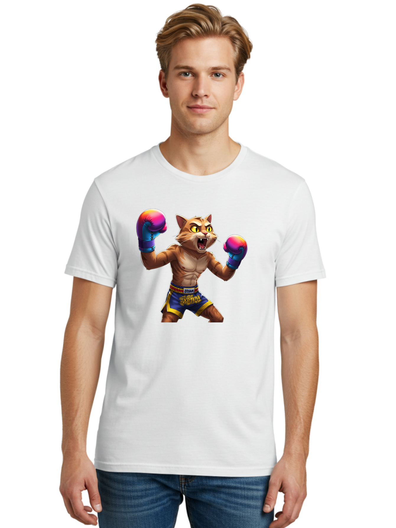 Muay-Thai-Cat-8 Men'S Graphic Tee, 100% Cotton, Comfortable Casual Summer Wear, Machine Washable, Cartoon Cat, Muay Thai Fighter, Boxing Gloves, Blue Shorts, Strong Muscles, Aggressive Stance, Fighting Pose, Cartoon Character, Muay Thai, Bae557