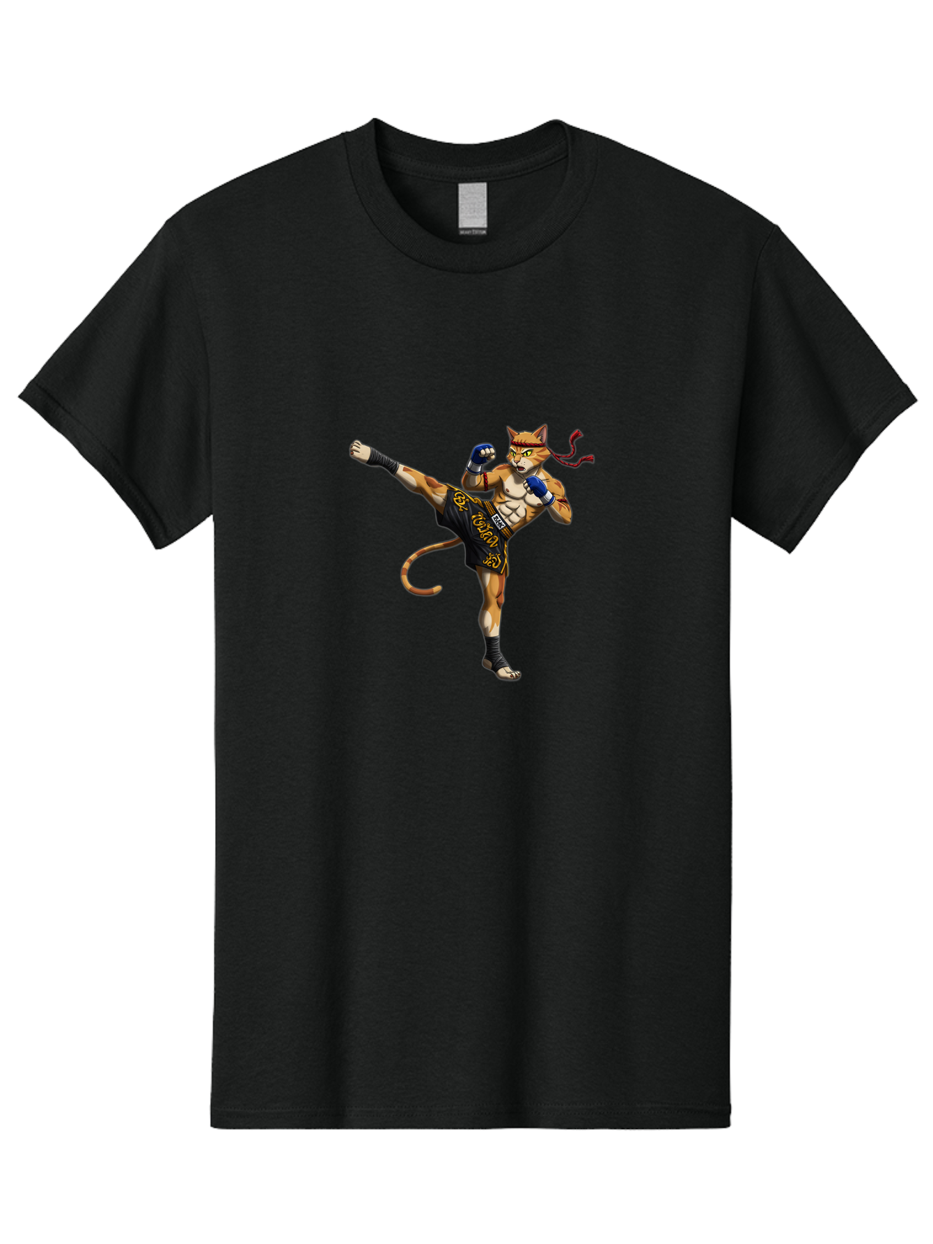 Muay-Thai-Cat-9 Men'S Graphic Tee, 100% Cotton, Comfortable Casual Summer Wear, Machine Washable, Anthropomorphic Cat, Muay Thai Fighter, Kicking Pose, Martial Arts, Combat Sports, Cat Character, Fighting Stance, Cartoon Style, Bae558