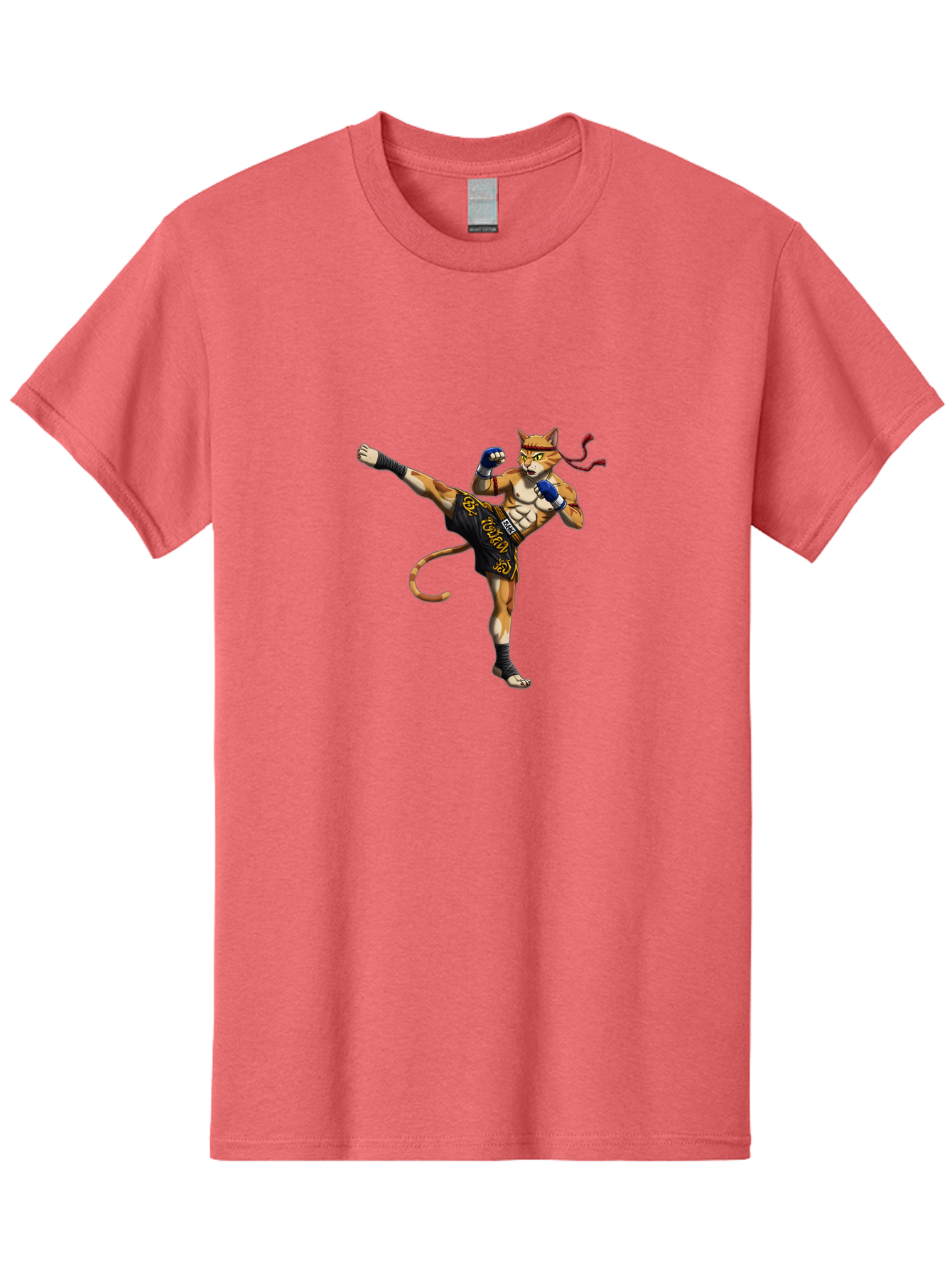 Muay-Thai-Cat-9 Men'S Graphic Tee, 100% Cotton, Comfortable Casual Summer Wear, Machine Washable, Anthropomorphic Cat, Muay Thai Fighter, Kicking Pose, Martial Arts, Combat Sports, Cat Character, Fighting Stance, Cartoon Style, Bae558