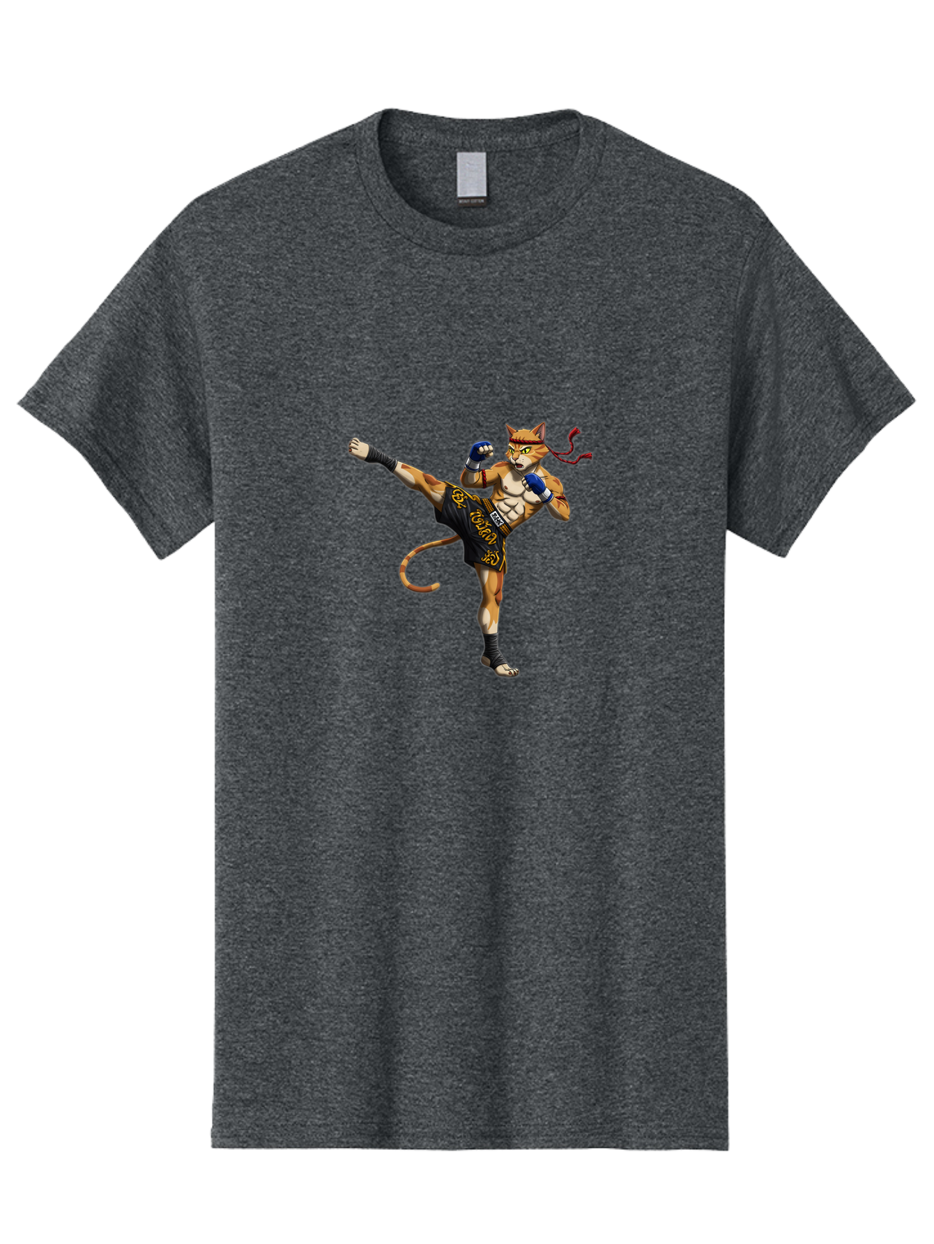 Muay-Thai-Cat-9 Men'S Graphic Tee, 100% Cotton, Comfortable Casual Summer Wear, Machine Washable, Anthropomorphic Cat, Muay Thai Fighter, Kicking Pose, Martial Arts, Combat Sports, Cat Character, Fighting Stance, Cartoon Style, Bae558
