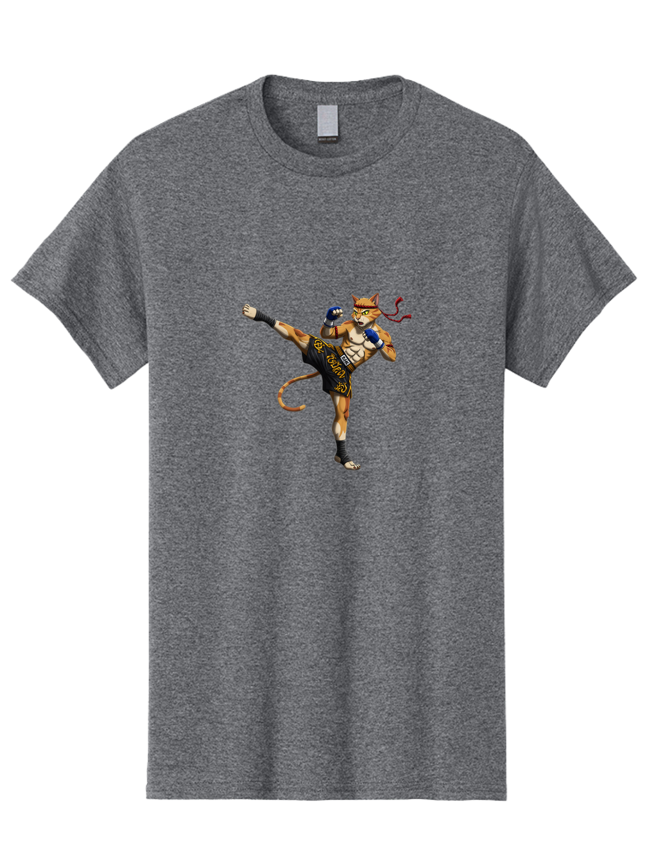 Muay-Thai-Cat-9 Men'S Graphic Tee, 100% Cotton, Comfortable Casual Summer Wear, Machine Washable, Anthropomorphic Cat, Muay Thai Fighter, Kicking Pose, Martial Arts, Combat Sports, Cat Character, Fighting Stance, Cartoon Style, Bae558