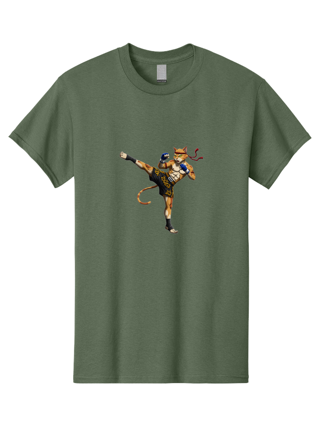 Muay-Thai-Cat-9 Men'S Graphic Tee, 100% Cotton, Comfortable Casual Summer Wear, Machine Washable, Anthropomorphic Cat, Muay Thai Fighter, Kicking Pose, Martial Arts, Combat Sports, Cat Character, Fighting Stance, Cartoon Style, Bae558