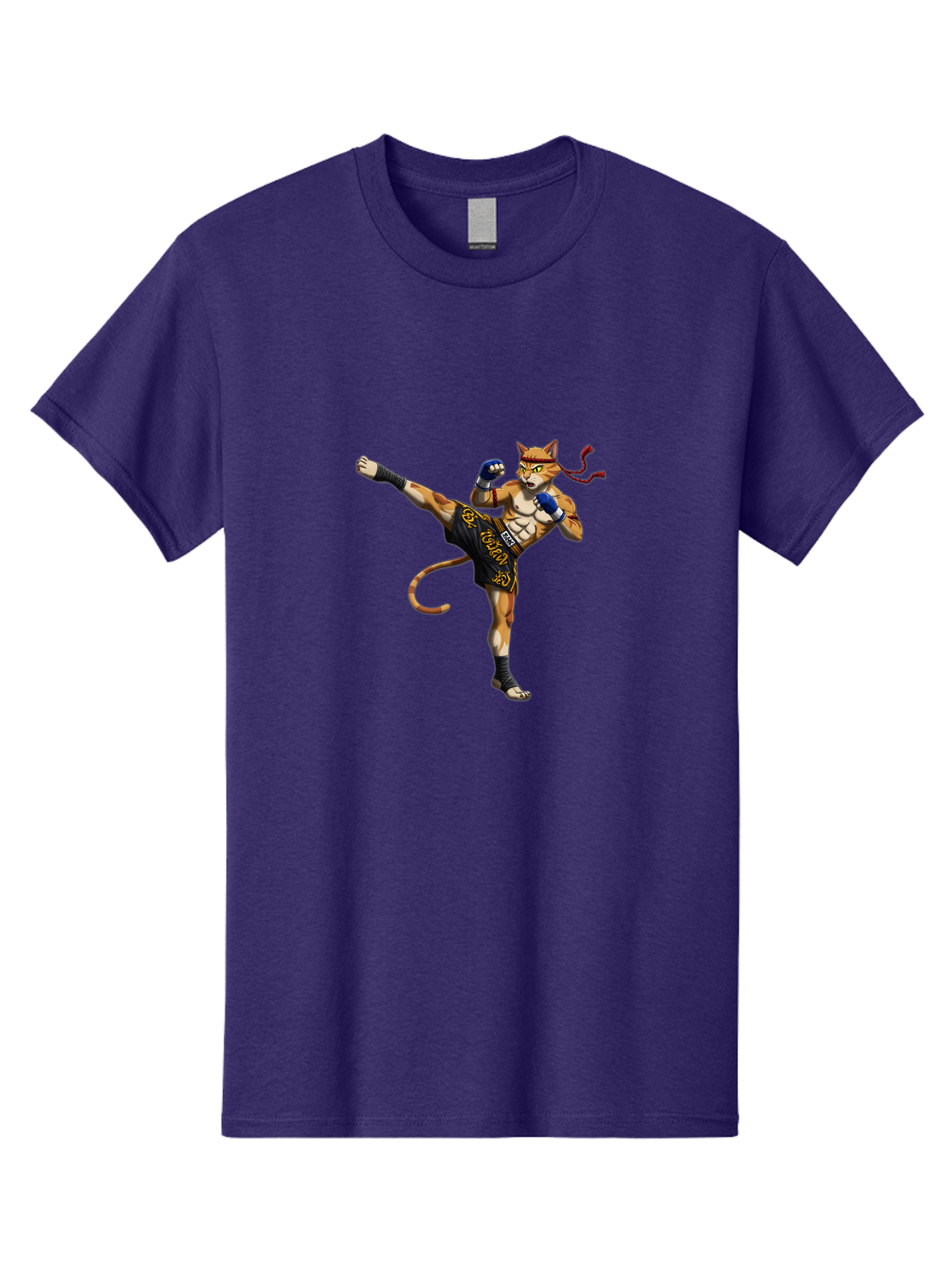 Muay-Thai-Cat-9 Men'S Graphic Tee, 100% Cotton, Comfortable Casual Summer Wear, Machine Washable, Anthropomorphic Cat, Muay Thai Fighter, Kicking Pose, Martial Arts, Combat Sports, Cat Character, Fighting Stance, Cartoon Style, Bae558