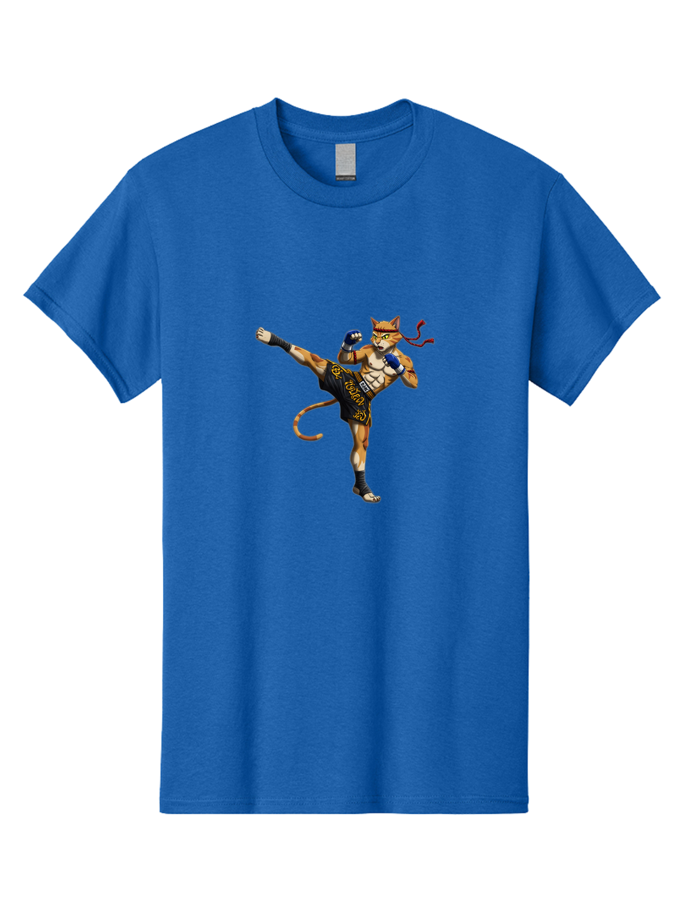 Muay-Thai-Cat-9 Men'S Graphic Tee, 100% Cotton, Comfortable Casual Summer Wear, Machine Washable, Anthropomorphic Cat, Muay Thai Fighter, Kicking Pose, Martial Arts, Combat Sports, Cat Character, Fighting Stance, Cartoon Style, Bae558