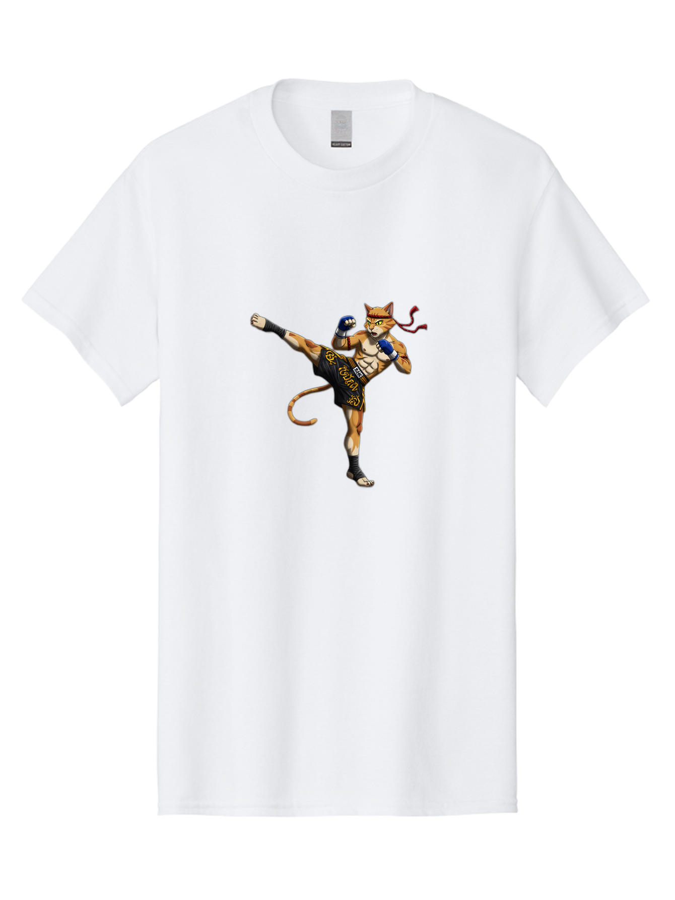 Muay-Thai-Cat-9 Men'S Graphic Tee, 100% Cotton, Comfortable Casual Summer Wear, Machine Washable, Anthropomorphic Cat, Muay Thai Fighter, Kicking Pose, Martial Arts, Combat Sports, Cat Character, Fighting Stance, Cartoon Style, Bae558