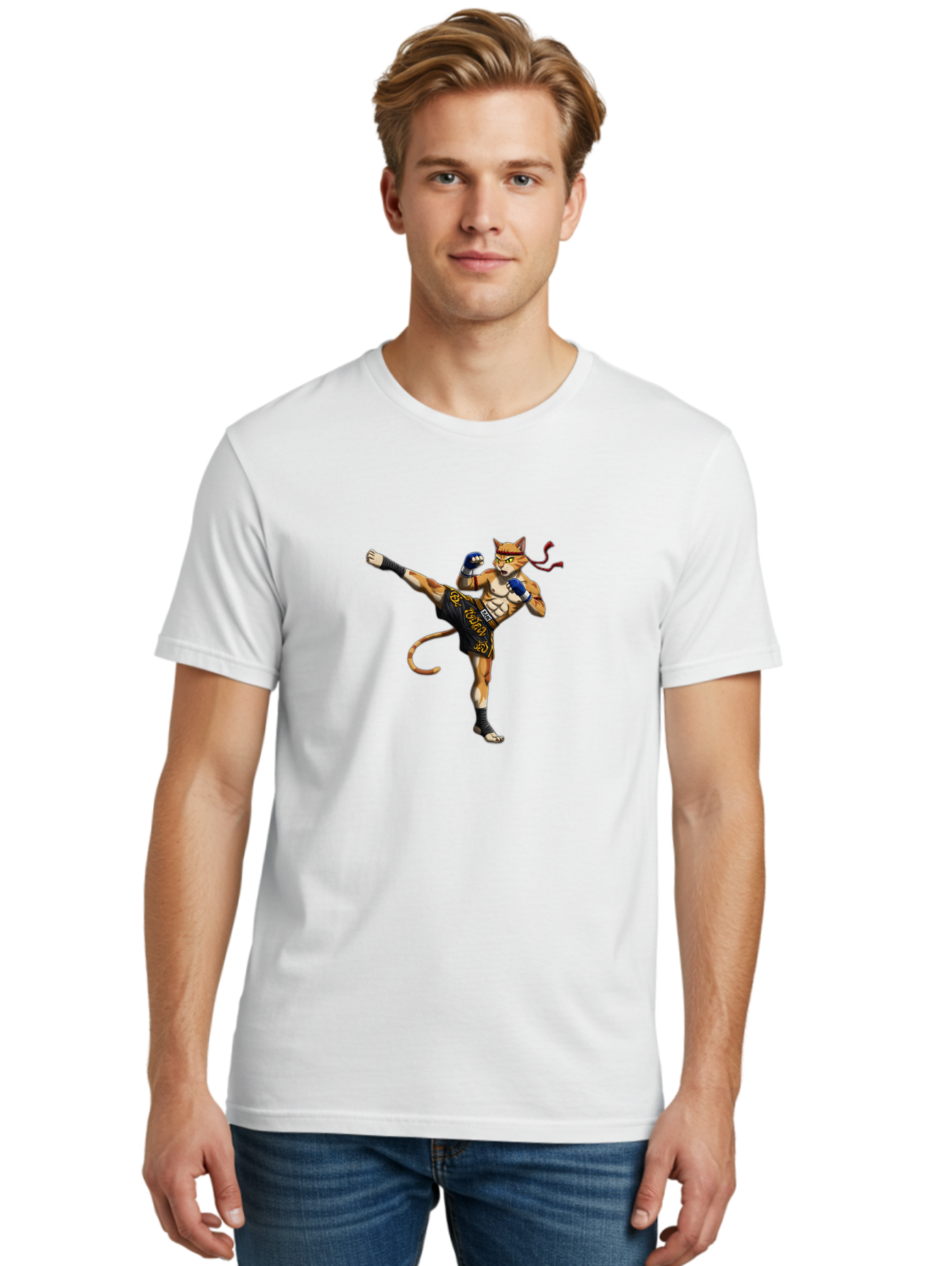 Muay-Thai-Cat-9 Men'S Graphic Tee, 100% Cotton, Comfortable Casual Summer Wear, Machine Washable, Anthropomorphic Cat, Muay Thai Fighter, Kicking Pose, Martial Arts, Combat Sports, Cat Character, Fighting Stance, Cartoon Style, Bae558