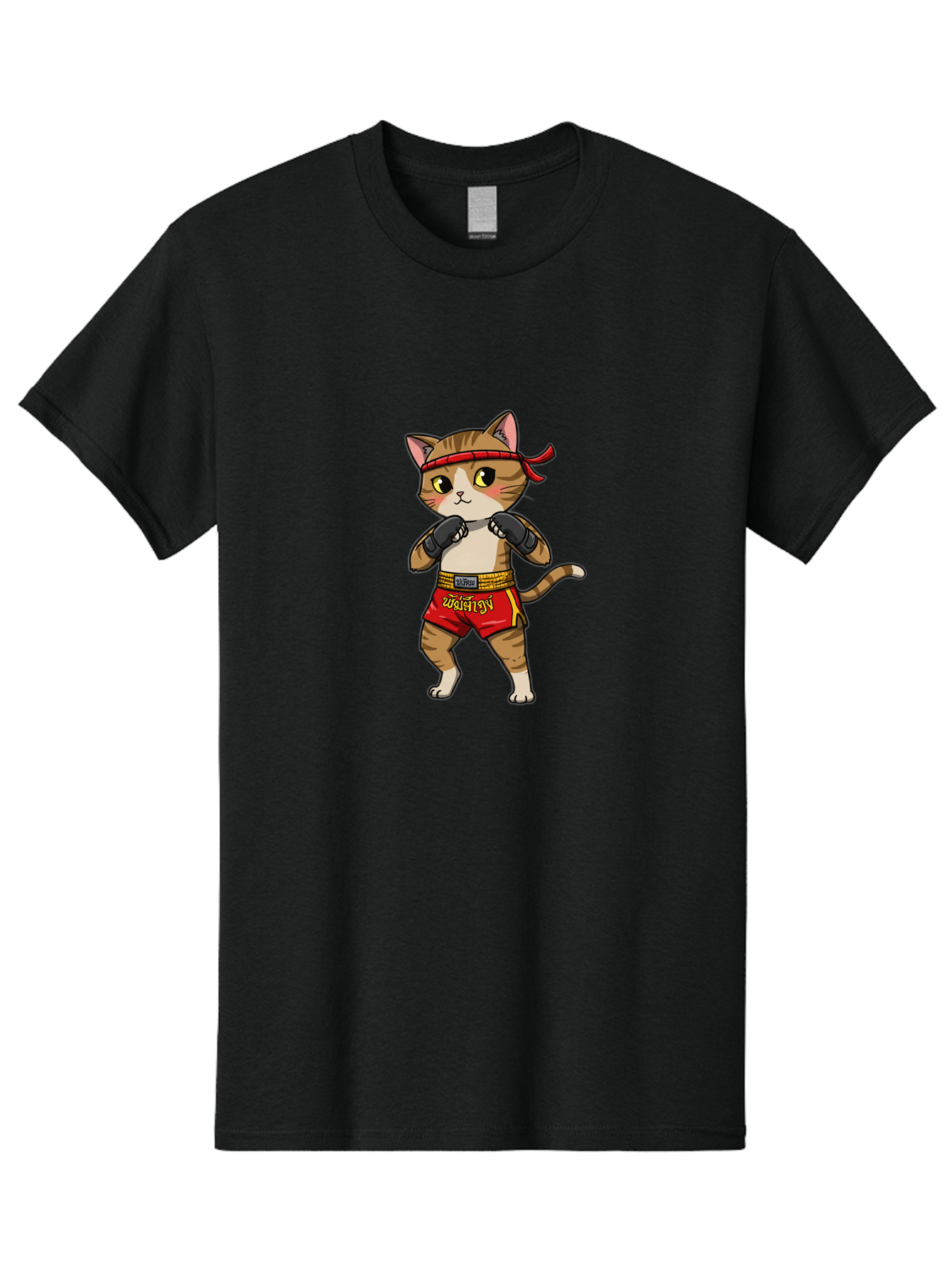 Muay-Thai-Cat Men'S Graphic Tee, 100% Cotton, Comfortable Casual Summer Wear, Machine Washable, Cartoon Cat, Muay Thai Fighter, Martial Arts, Boxing Gloves, Red Shorts, Yellow Accents, Fighting Stance, Adorable Illustration, Kawaii, Cute Cat, Bae559