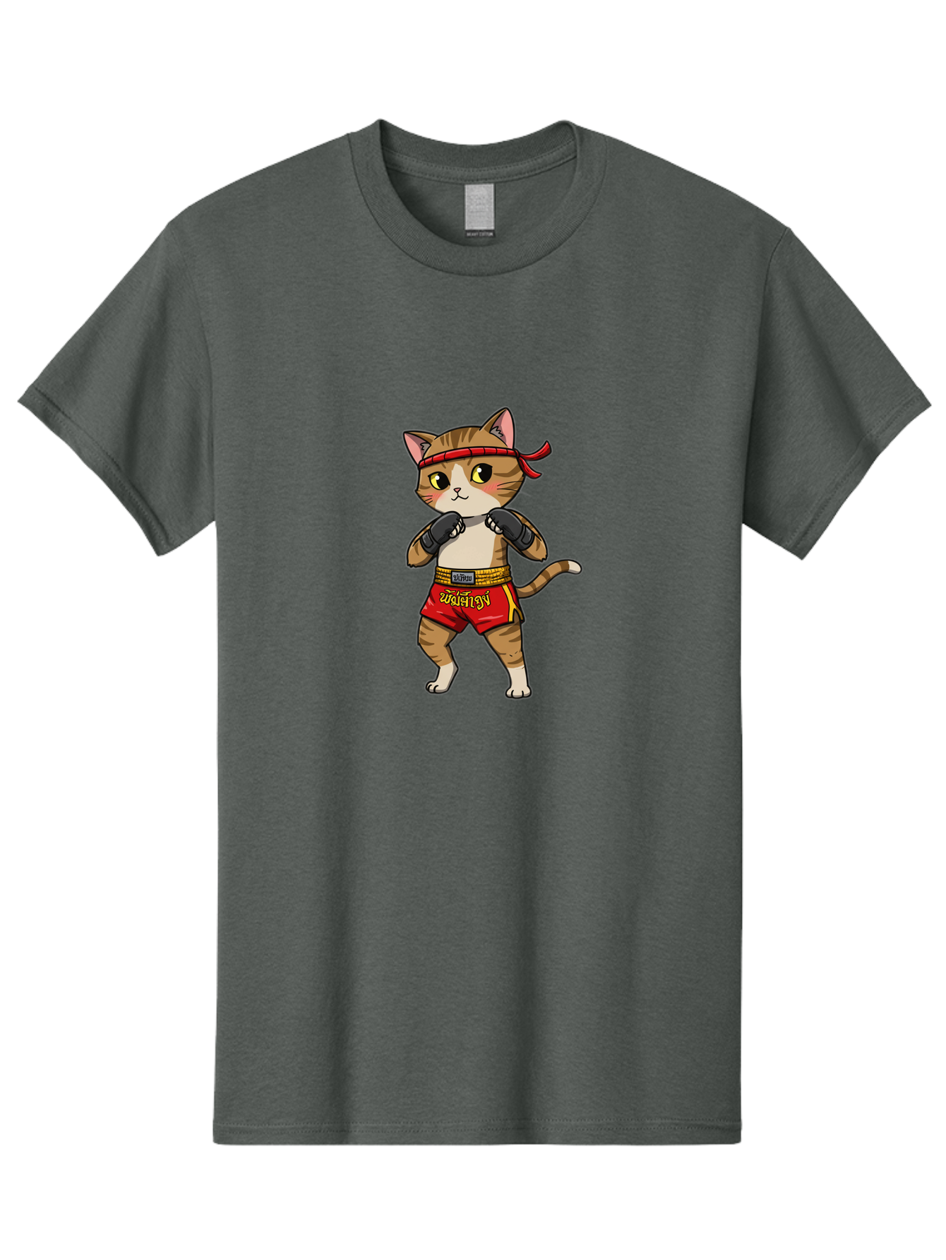 Muay-Thai-Cat Men'S Graphic Tee, 100% Cotton, Comfortable Casual Summer Wear, Machine Washable, Cartoon Cat, Muay Thai Fighter, Martial Arts, Boxing Gloves, Red Shorts, Yellow Accents, Fighting Stance, Adorable Illustration, Kawaii, Cute Cat, Bae559