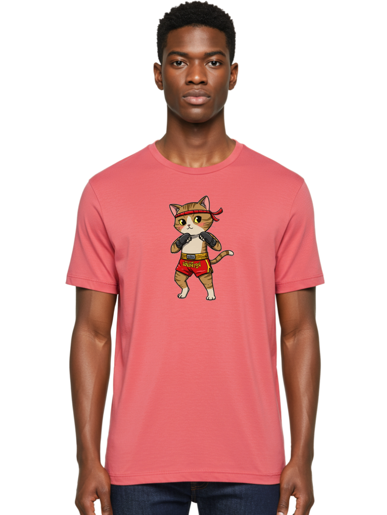 Muay-Thai-Cat Men'S Graphic Tee, 100% Cotton, Comfortable Casual Summer Wear, Machine Washable, Cartoon Cat, Muay Thai Fighter, Martial Arts, Boxing Gloves, Red Shorts, Yellow Accents, Fighting Stance, Adorable Illustration, Kawaii, Cute Cat, Bae559