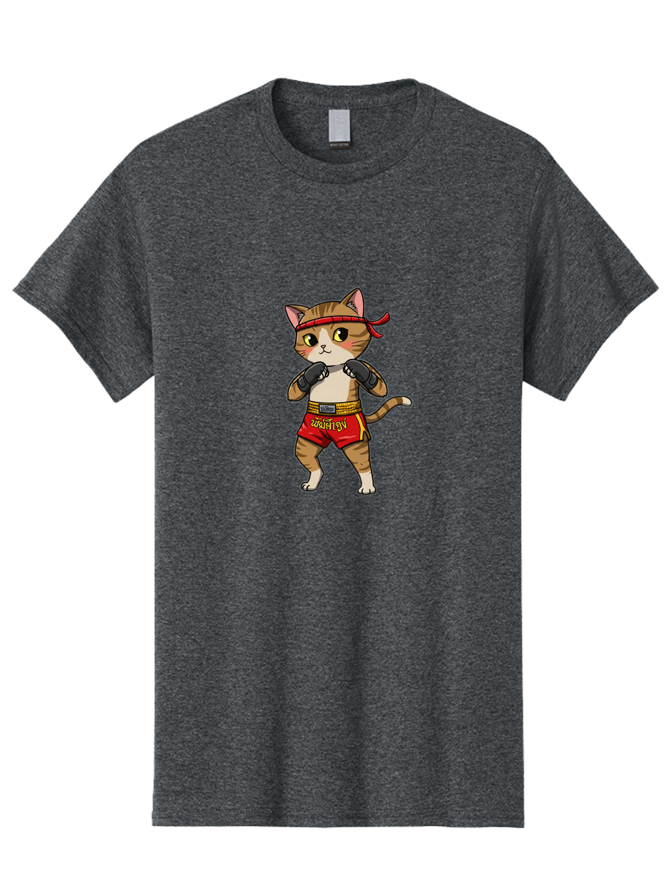 Muay-Thai-Cat Men'S Graphic Tee, 100% Cotton, Comfortable Casual Summer Wear, Machine Washable, Cartoon Cat, Muay Thai Fighter, Martial Arts, Boxing Gloves, Red Shorts, Yellow Accents, Fighting Stance, Adorable Illustration, Kawaii, Cute Cat, Bae559