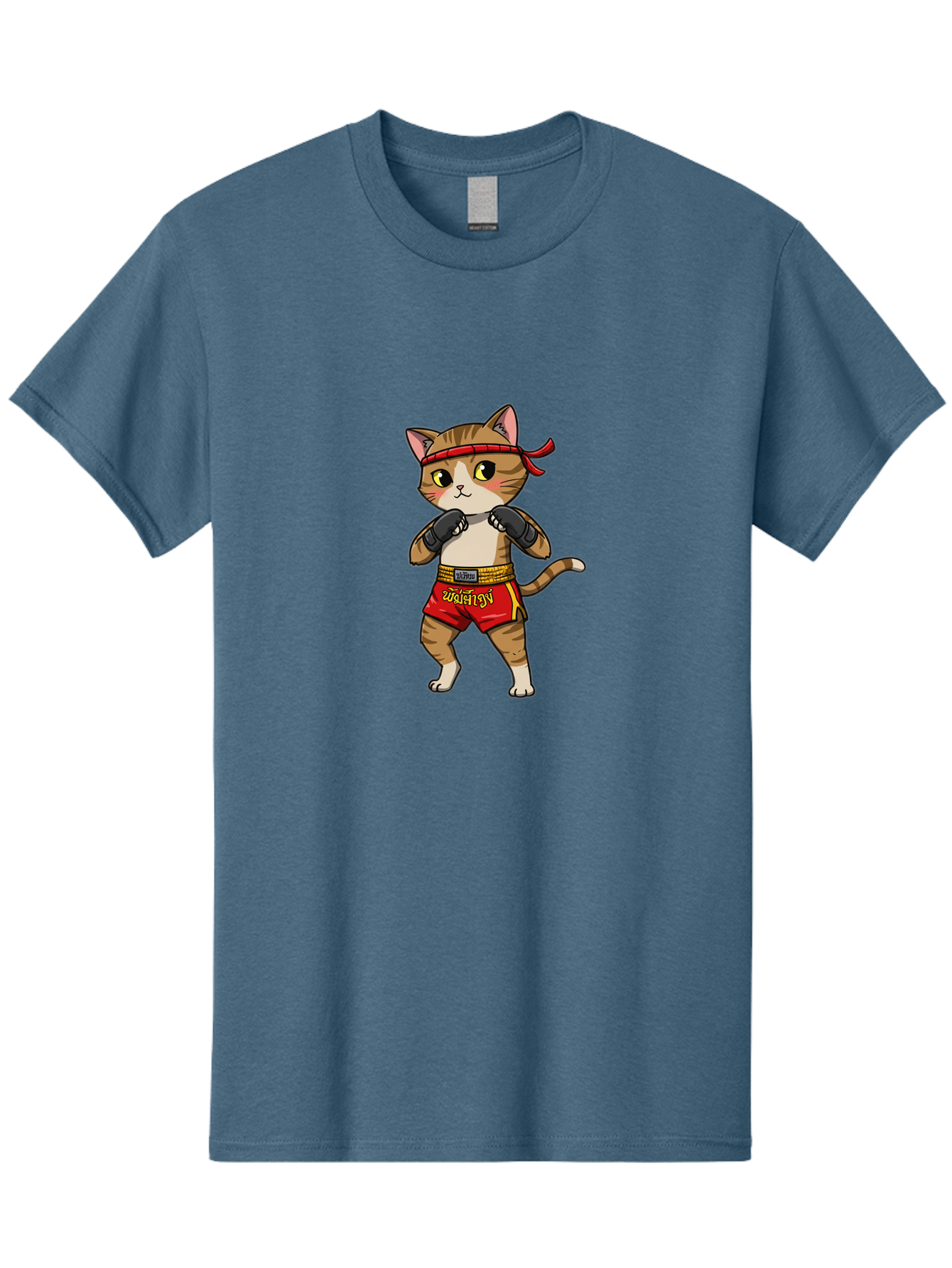 Muay-Thai-Cat Men'S Graphic Tee, 100% Cotton, Comfortable Casual Summer Wear, Machine Washable, Cartoon Cat, Muay Thai Fighter, Martial Arts, Boxing Gloves, Red Shorts, Yellow Accents, Fighting Stance, Adorable Illustration, Kawaii, Cute Cat, Bae559