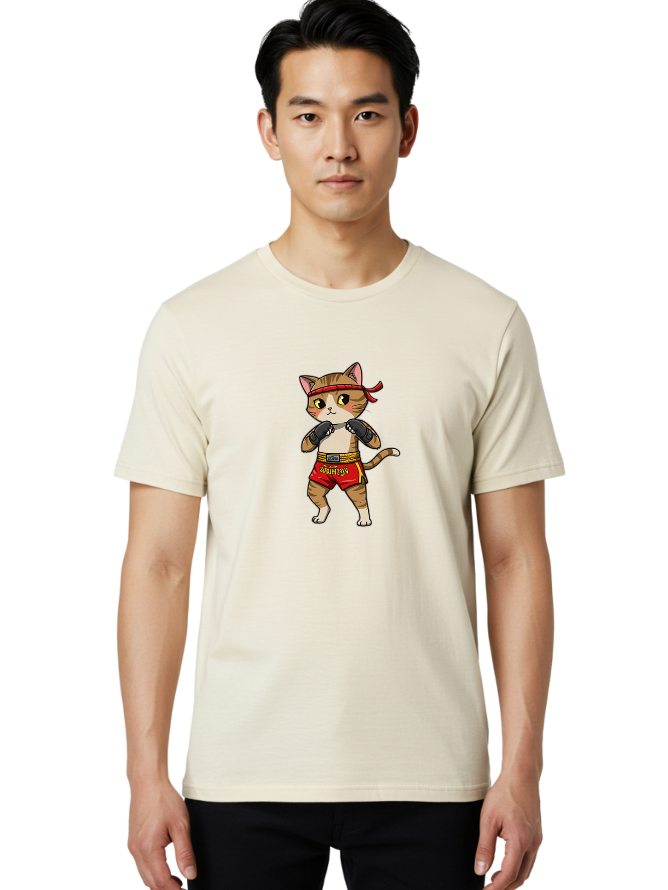 Muay-Thai-Cat Men'S Graphic Tee, 100% Cotton, Comfortable Casual Summer Wear, Machine Washable, Cartoon Cat, Muay Thai Fighter, Martial Arts, Boxing Gloves, Red Shorts, Yellow Accents, Fighting Stance, Adorable Illustration, Kawaii, Cute Cat, Bae559