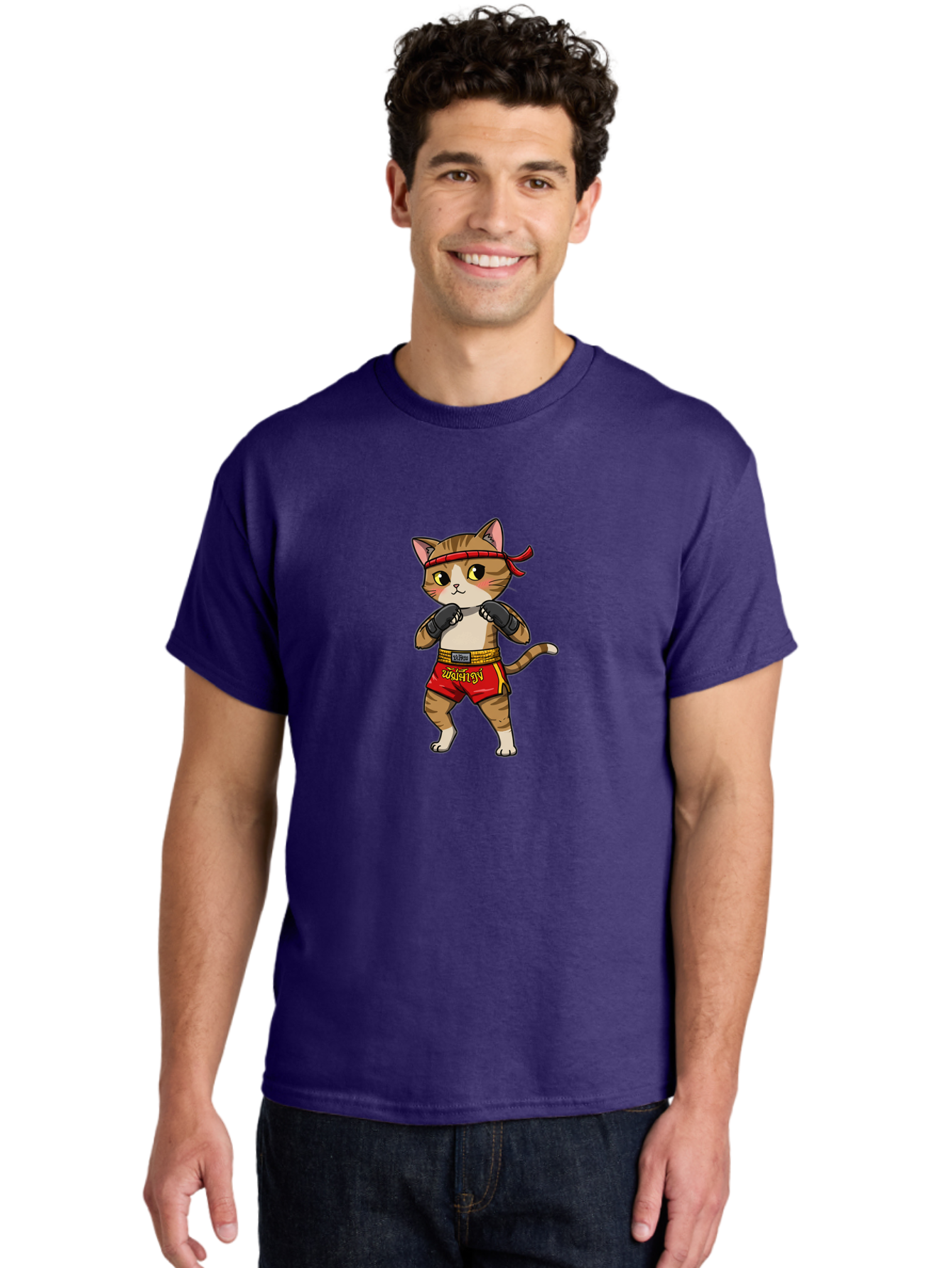 Muay-Thai-Cat Men'S Graphic Tee, 100% Cotton, Comfortable Casual Summer Wear, Machine Washable, Cartoon Cat, Muay Thai Fighter, Martial Arts, Boxing Gloves, Red Shorts, Yellow Accents, Fighting Stance, Adorable Illustration, Kawaii, Cute Cat, Bae559
