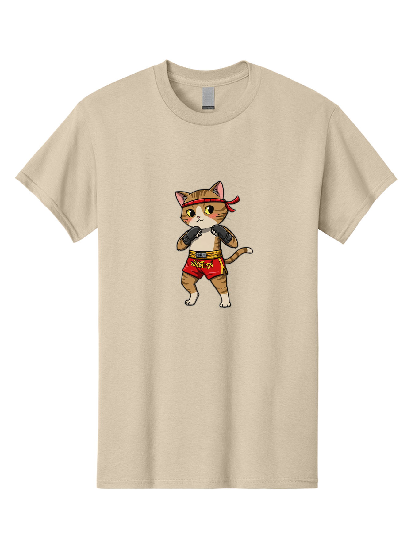 Muay-Thai-Cat Men'S Graphic Tee, 100% Cotton, Comfortable Casual Summer Wear, Machine Washable, Cartoon Cat, Muay Thai Fighter, Martial Arts, Boxing Gloves, Red Shorts, Yellow Accents, Fighting Stance, Adorable Illustration, Kawaii, Cute Cat, Bae559