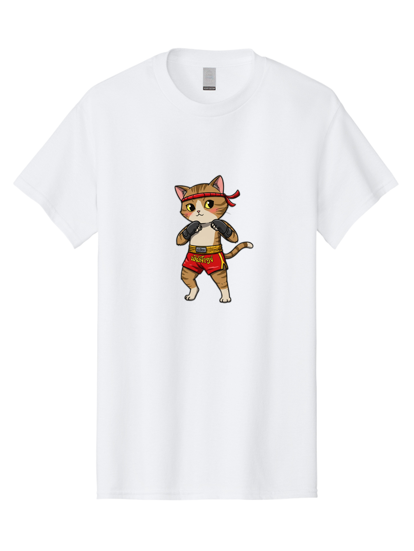 Muay-Thai-Cat Men'S Graphic Tee, 100% Cotton, Comfortable Casual Summer Wear, Machine Washable, Cartoon Cat, Muay Thai Fighter, Martial Arts, Boxing Gloves, Red Shorts, Yellow Accents, Fighting Stance, Adorable Illustration, Kawaii, Cute Cat, Bae559