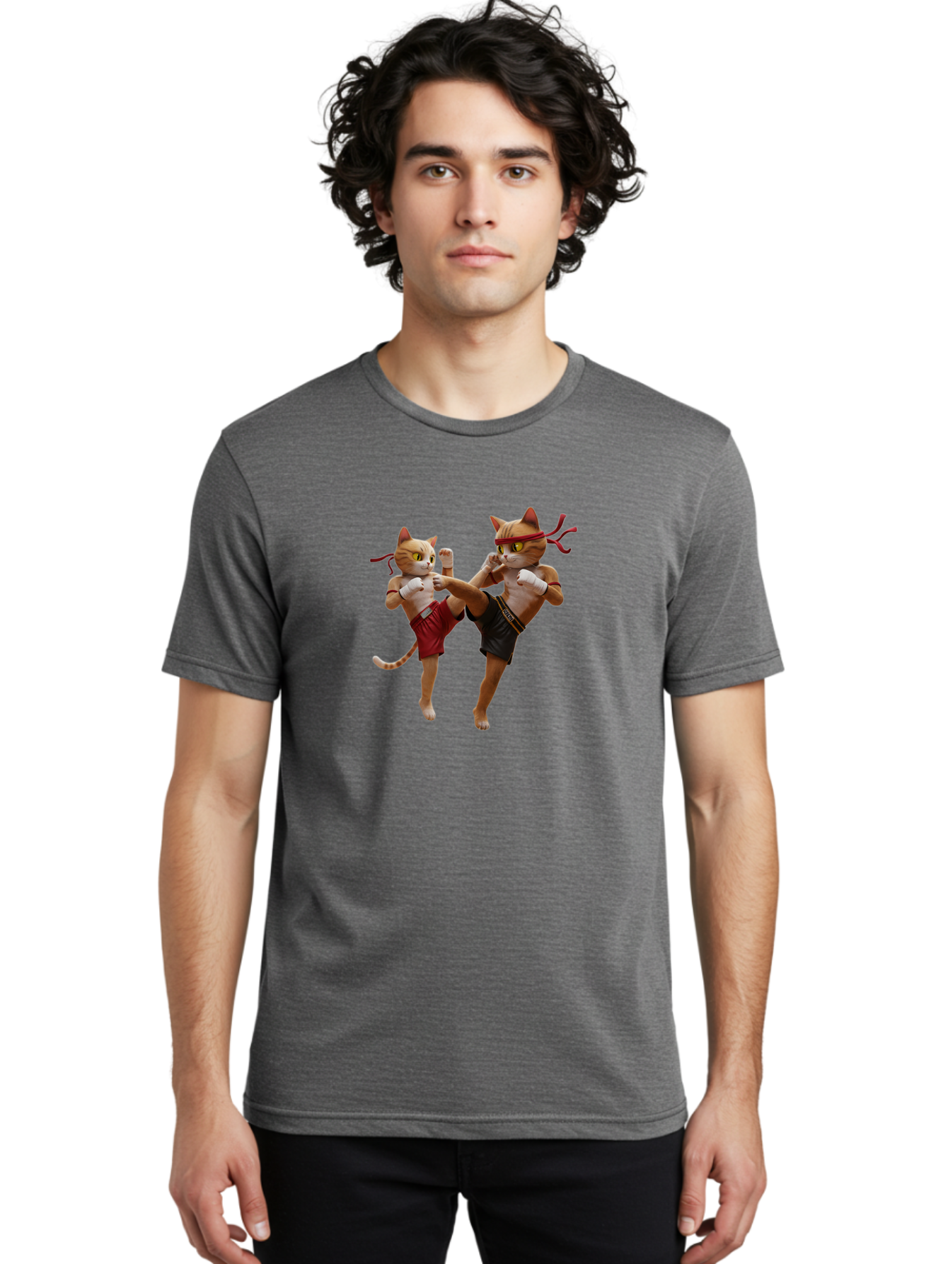 Muay-Thai-Cats Men'S Graphic Tee, 100% Cotton, Comfortable Casual Summer Wear, Machine Washable, Cartoon Cats Fighting, Martial Arts, Muay Thai, Boxing Cats, Anthropomorphic Cats, Action Pose, Dynamic Scene, Funny Cats, Cat Fight, Bae560