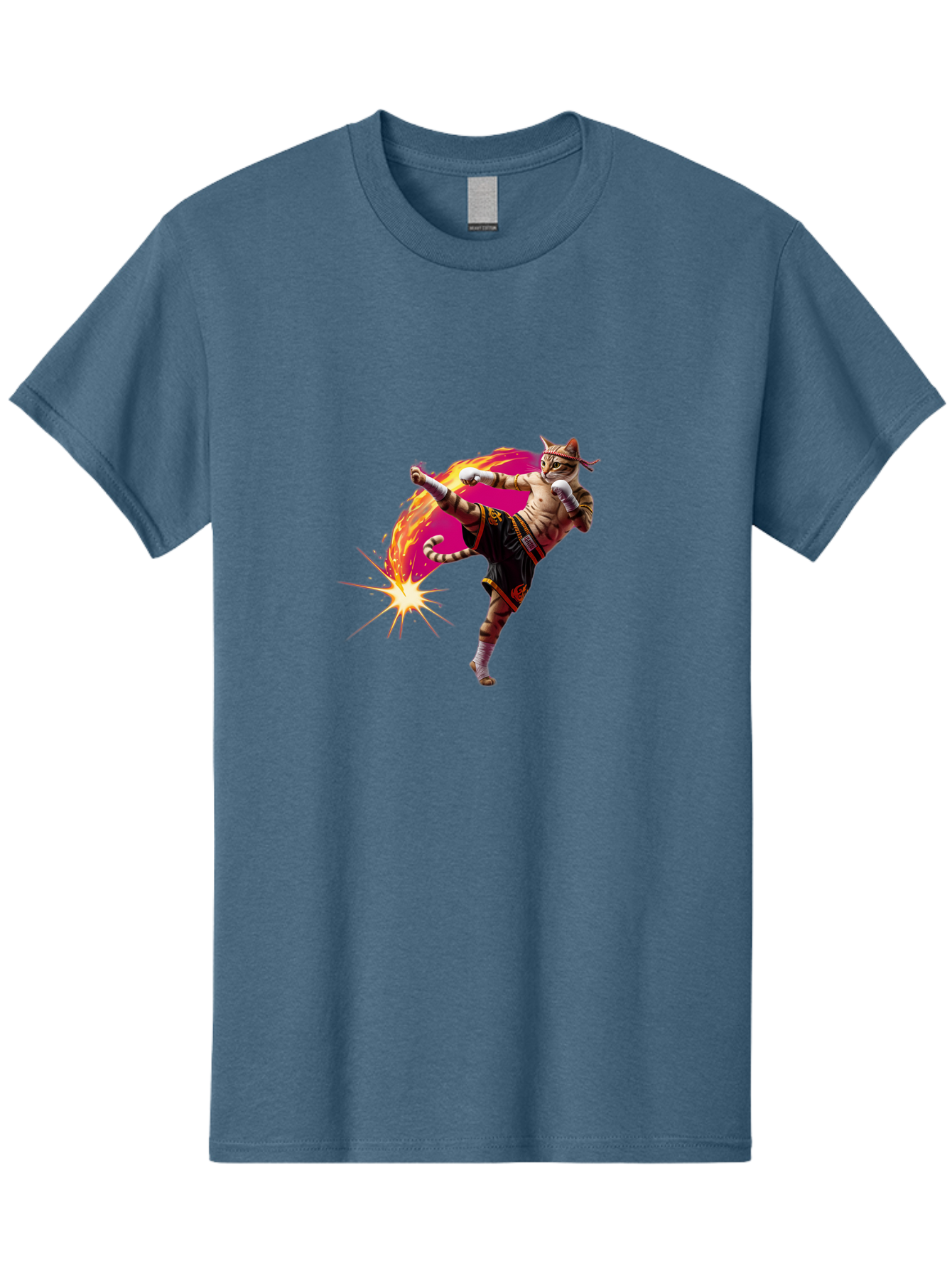 Muay-Thai-Kick Men'S Graphic Tee, 100% Cotton, Comfortable Casual Summer Wear, Machine Washable, Martial Arts, Kickboxing, Muay Thai Fighter, Energetic Kick, Flaming Kick, Dynamic Pose, Traditional Clothing, Warrior Spirit, Fiery Energy, Bae561