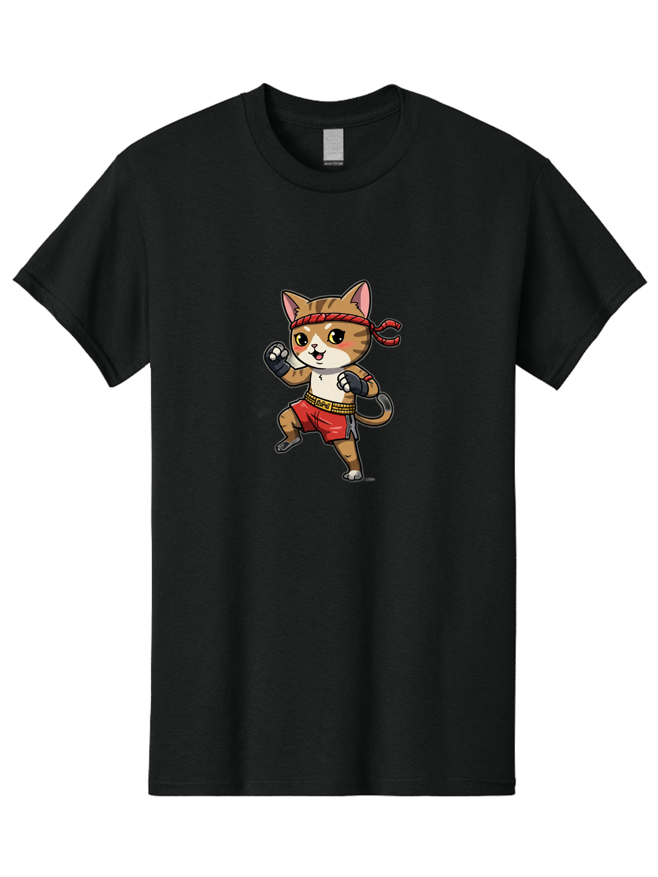 Muay-Thai-Kitten Men'S Graphic Tee, 100% Cotton, Comfortable Casual Summer Wear, Machine Washable, Cartoon Cat, Muay Thai Fighter, Martial Arts, Fighting Stance, Red Headband, Red Boxing Shorts, Black Gloves, Cute Expression, Bae562