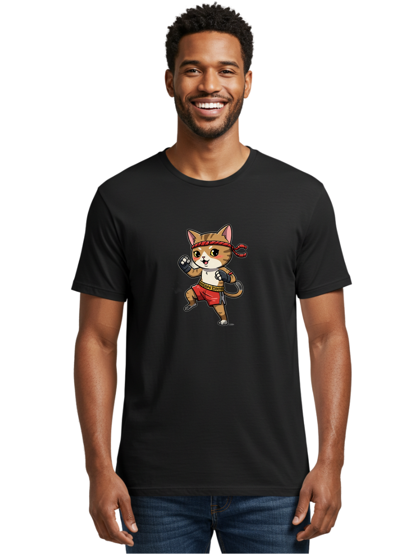 Muay-Thai-Kitten Men'S Graphic Tee, 100% Cotton, Comfortable Casual Summer Wear, Machine Washable, Cartoon Cat, Muay Thai Fighter, Martial Arts, Fighting Stance, Red Headband, Red Boxing Shorts, Black Gloves, Cute Expression, Bae562