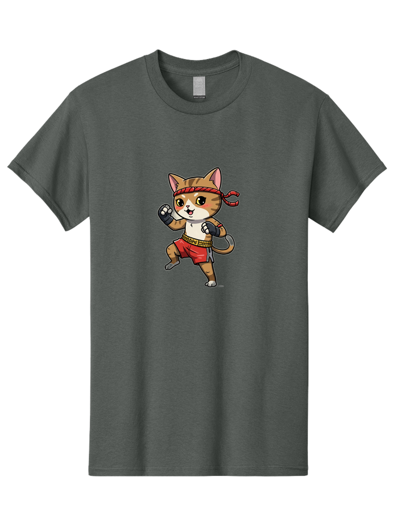 Muay-Thai-Kitten Men'S Graphic Tee, 100% Cotton, Comfortable Casual Summer Wear, Machine Washable, Cartoon Cat, Muay Thai Fighter, Martial Arts, Fighting Stance, Red Headband, Red Boxing Shorts, Black Gloves, Cute Expression, Bae562