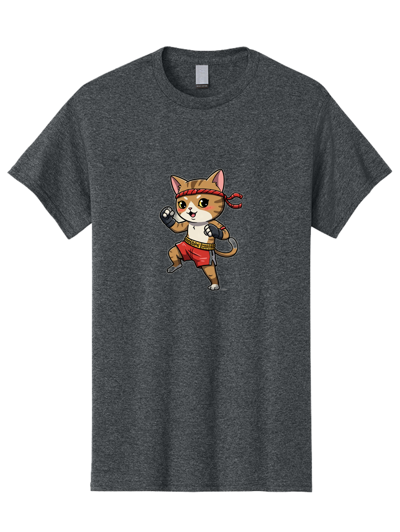 Muay-Thai-Kitten Men'S Graphic Tee, 100% Cotton, Comfortable Casual Summer Wear, Machine Washable, Cartoon Cat, Muay Thai Fighter, Martial Arts, Fighting Stance, Red Headband, Red Boxing Shorts, Black Gloves, Cute Expression, Bae562
