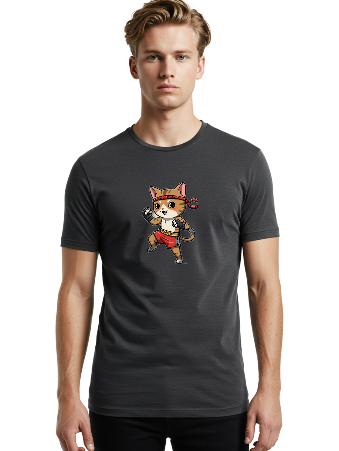 Muay-Thai-Kitten Men'S Graphic Tee, 100% Cotton, Comfortable Casual Summer Wear, Machine Washable, Cartoon Cat, Muay Thai Fighter, Martial Arts, Fighting Stance, Red Headband, Red Boxing Shorts, Black Gloves, Cute Expression, Bae562