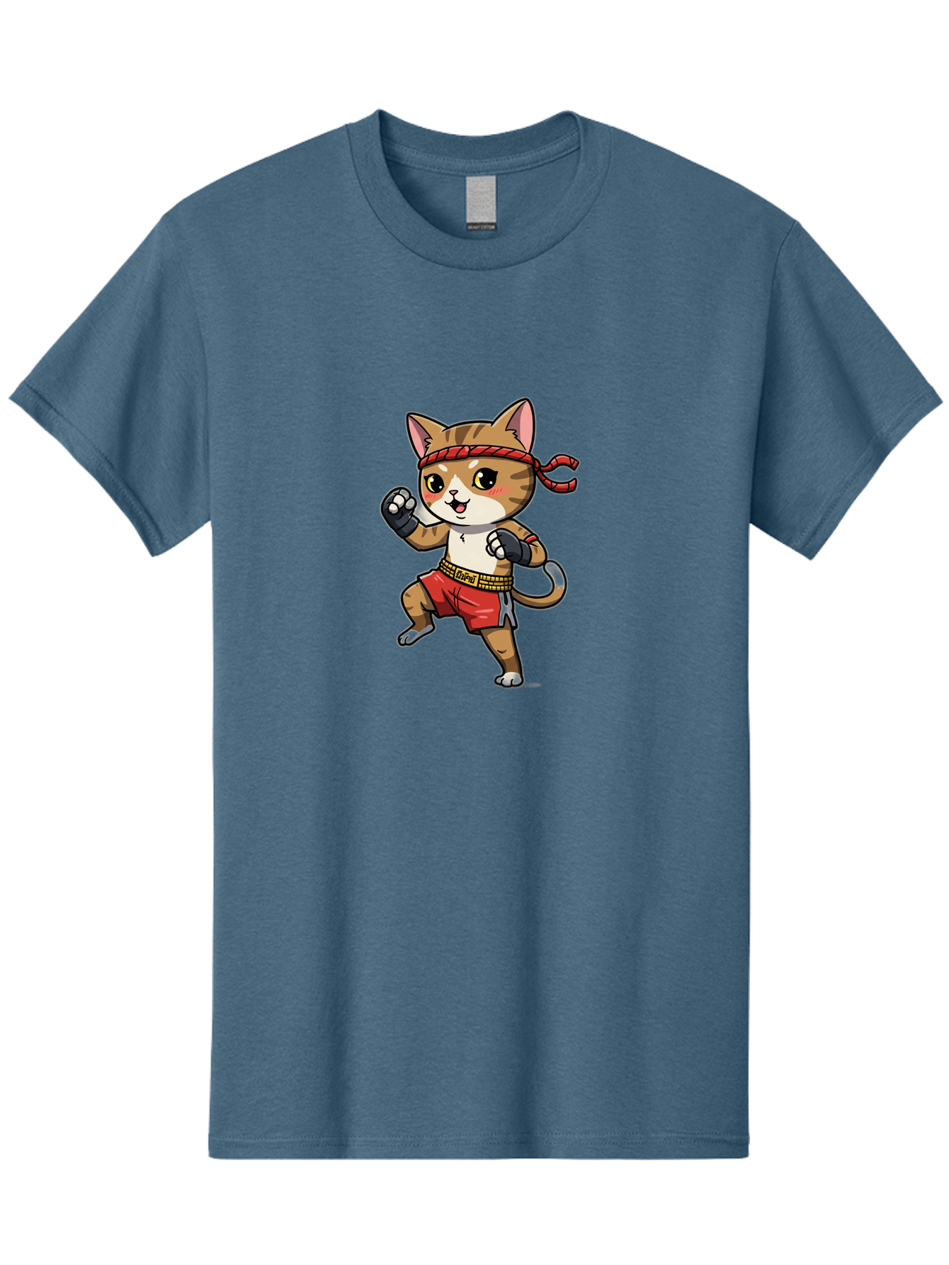 Muay-Thai-Kitten Men'S Graphic Tee, 100% Cotton, Comfortable Casual Summer Wear, Machine Washable, Cartoon Cat, Muay Thai Fighter, Martial Arts, Fighting Stance, Red Headband, Red Boxing Shorts, Black Gloves, Cute Expression, Bae562