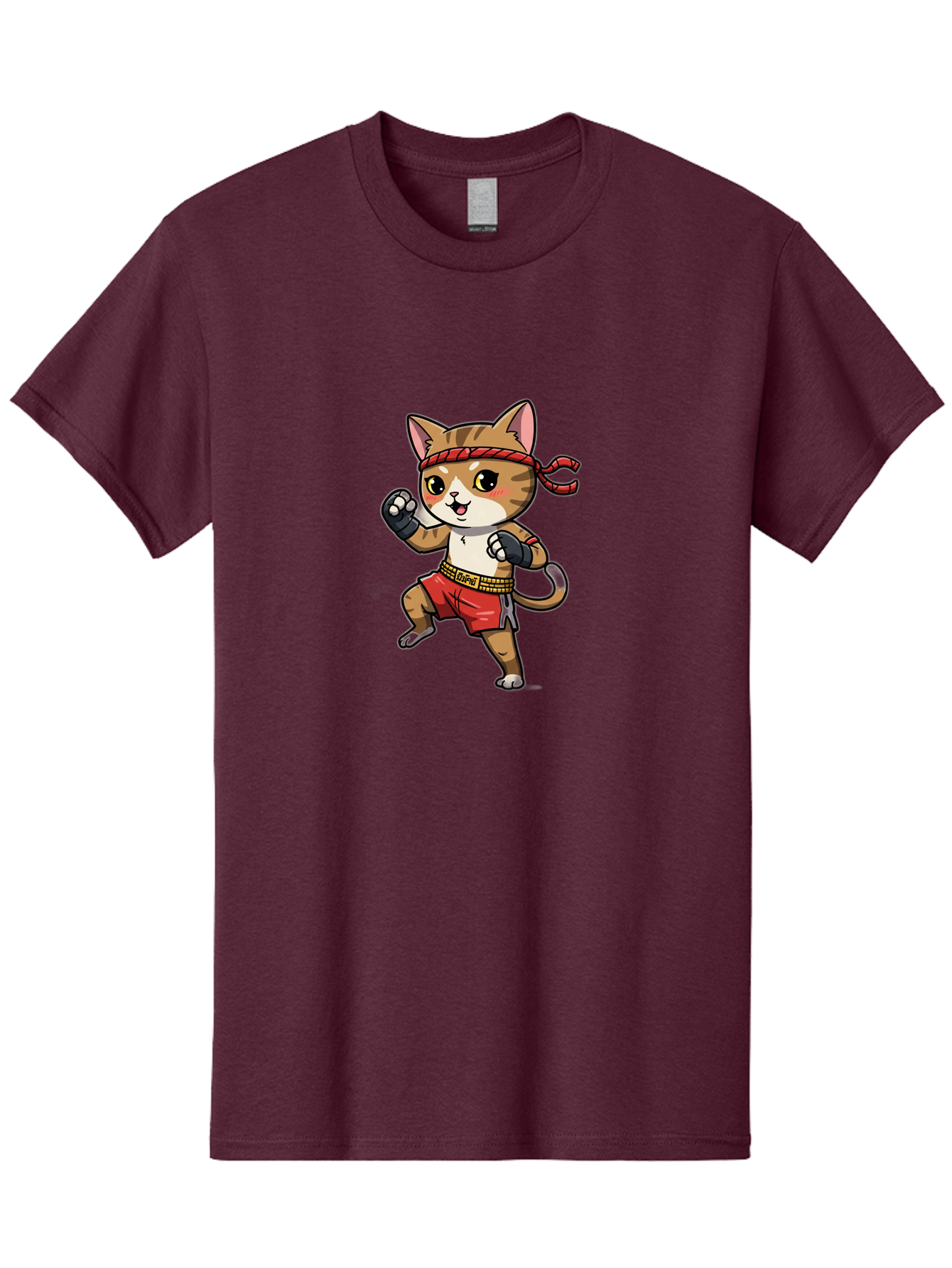 Muay-Thai-Kitten Men'S Graphic Tee, 100% Cotton, Comfortable Casual Summer Wear, Machine Washable, Cartoon Cat, Muay Thai Fighter, Martial Arts, Fighting Stance, Red Headband, Red Boxing Shorts, Black Gloves, Cute Expression, Bae562
