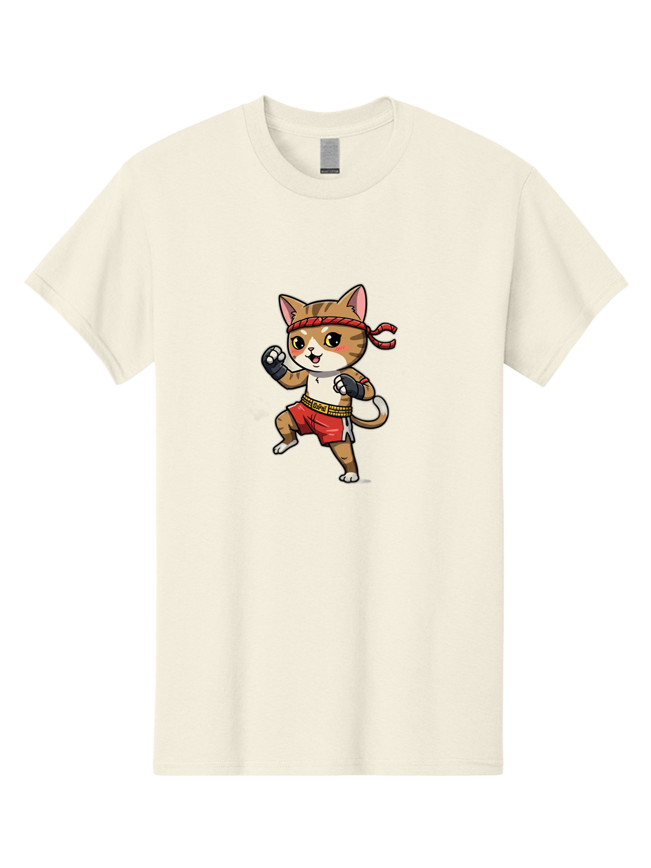 Muay-Thai-Kitten Men'S Graphic Tee, 100% Cotton, Comfortable Casual Summer Wear, Machine Washable, Cartoon Cat, Muay Thai Fighter, Martial Arts, Fighting Stance, Red Headband, Red Boxing Shorts, Black Gloves, Cute Expression, Bae562