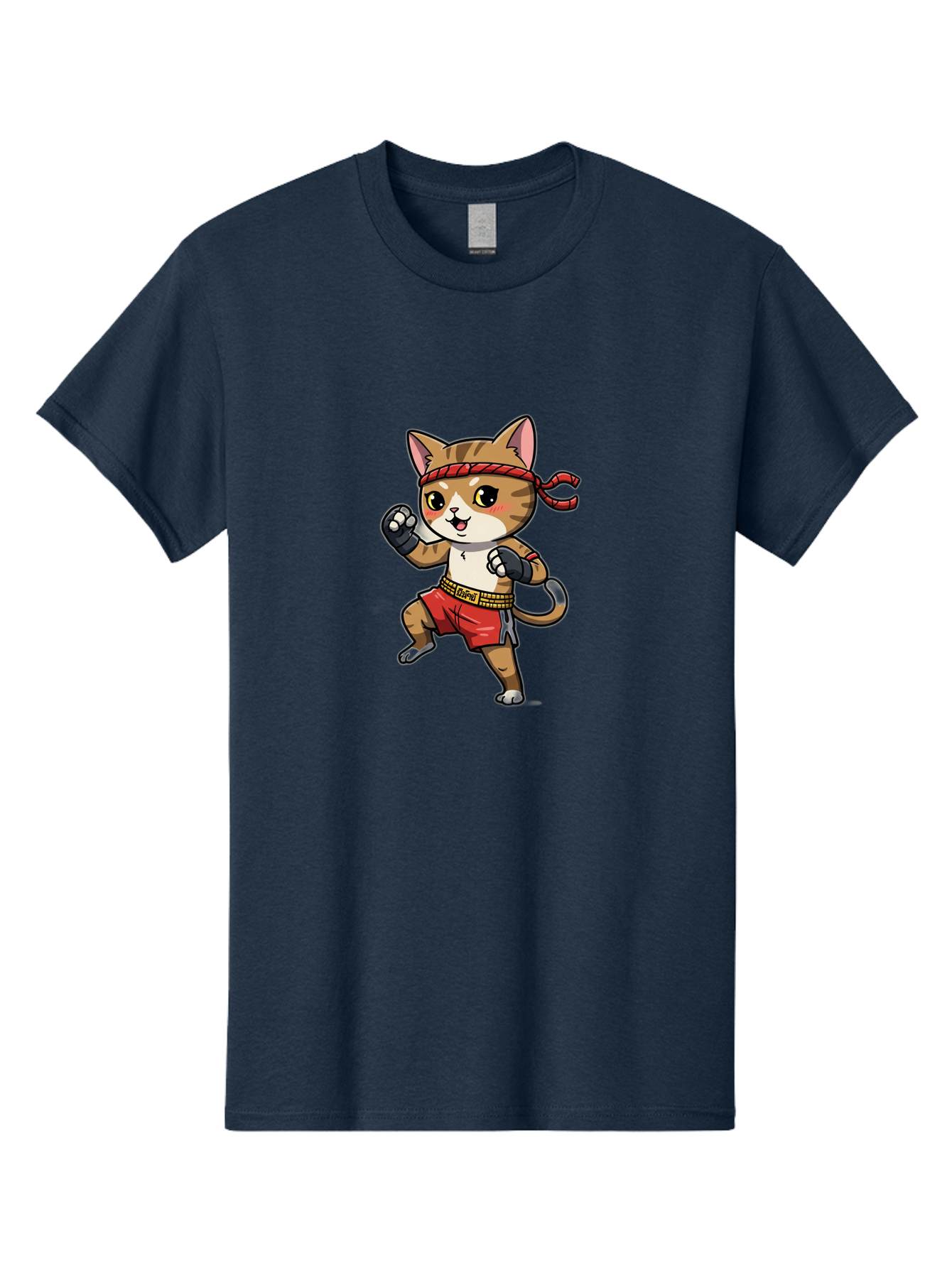 Muay-Thai-Kitten Men'S Graphic Tee, 100% Cotton, Comfortable Casual Summer Wear, Machine Washable, Cartoon Cat, Muay Thai Fighter, Martial Arts, Fighting Stance, Red Headband, Red Boxing Shorts, Black Gloves, Cute Expression, Bae562
