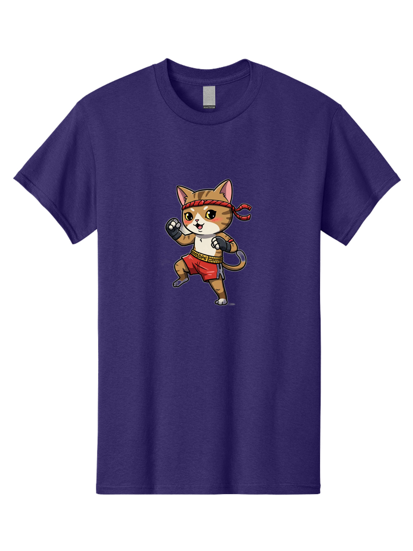 Muay-Thai-Kitten Men'S Graphic Tee, 100% Cotton, Comfortable Casual Summer Wear, Machine Washable, Cartoon Cat, Muay Thai Fighter, Martial Arts, Fighting Stance, Red Headband, Red Boxing Shorts, Black Gloves, Cute Expression, Bae562