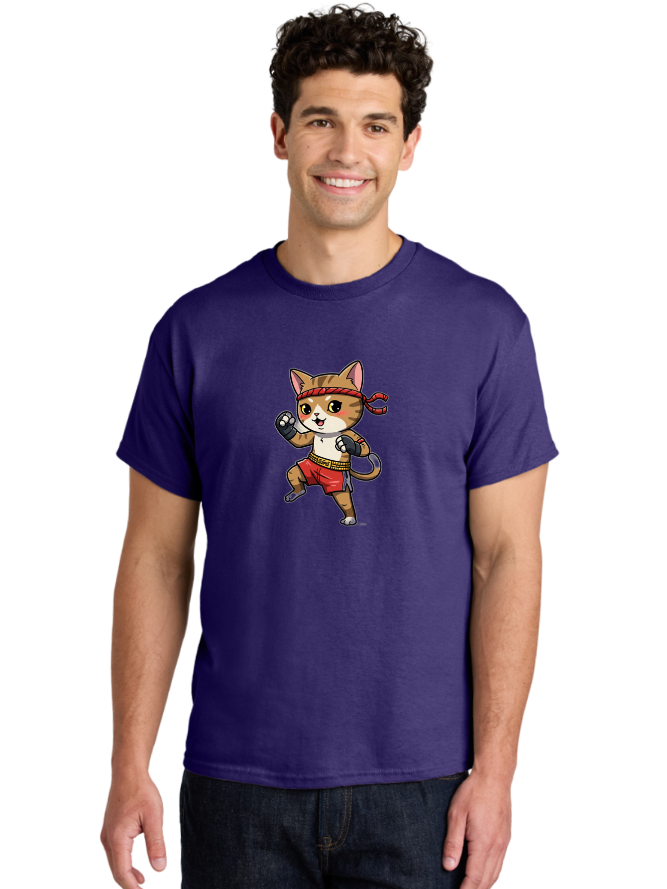 Muay-Thai-Kitten Men'S Graphic Tee, 100% Cotton, Comfortable Casual Summer Wear, Machine Washable, Cartoon Cat, Muay Thai Fighter, Martial Arts, Fighting Stance, Red Headband, Red Boxing Shorts, Black Gloves, Cute Expression, Bae562