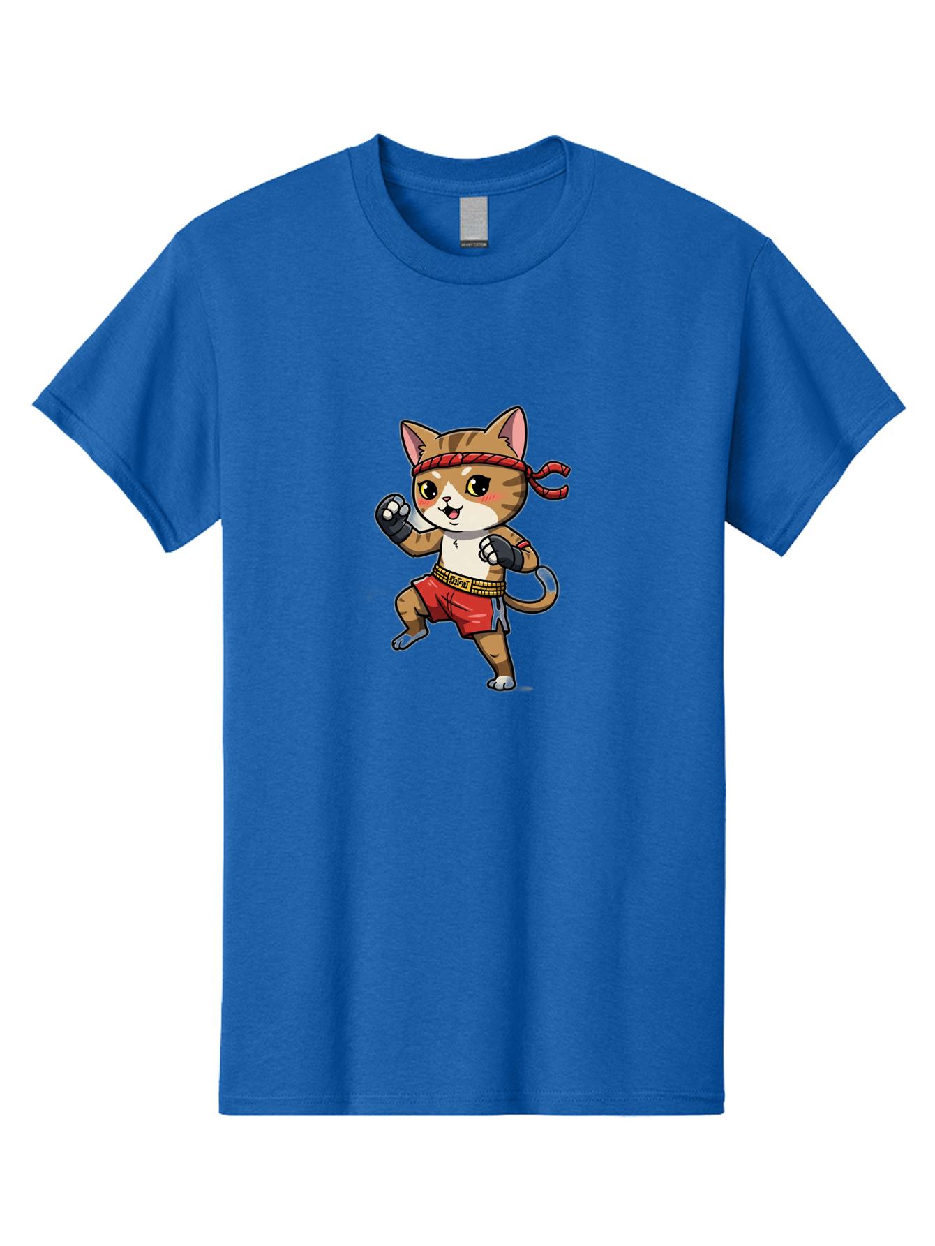 Muay-Thai-Kitten Men'S Graphic Tee, 100% Cotton, Comfortable Casual Summer Wear, Machine Washable, Cartoon Cat, Muay Thai Fighter, Martial Arts, Fighting Stance, Red Headband, Red Boxing Shorts, Black Gloves, Cute Expression, Bae562