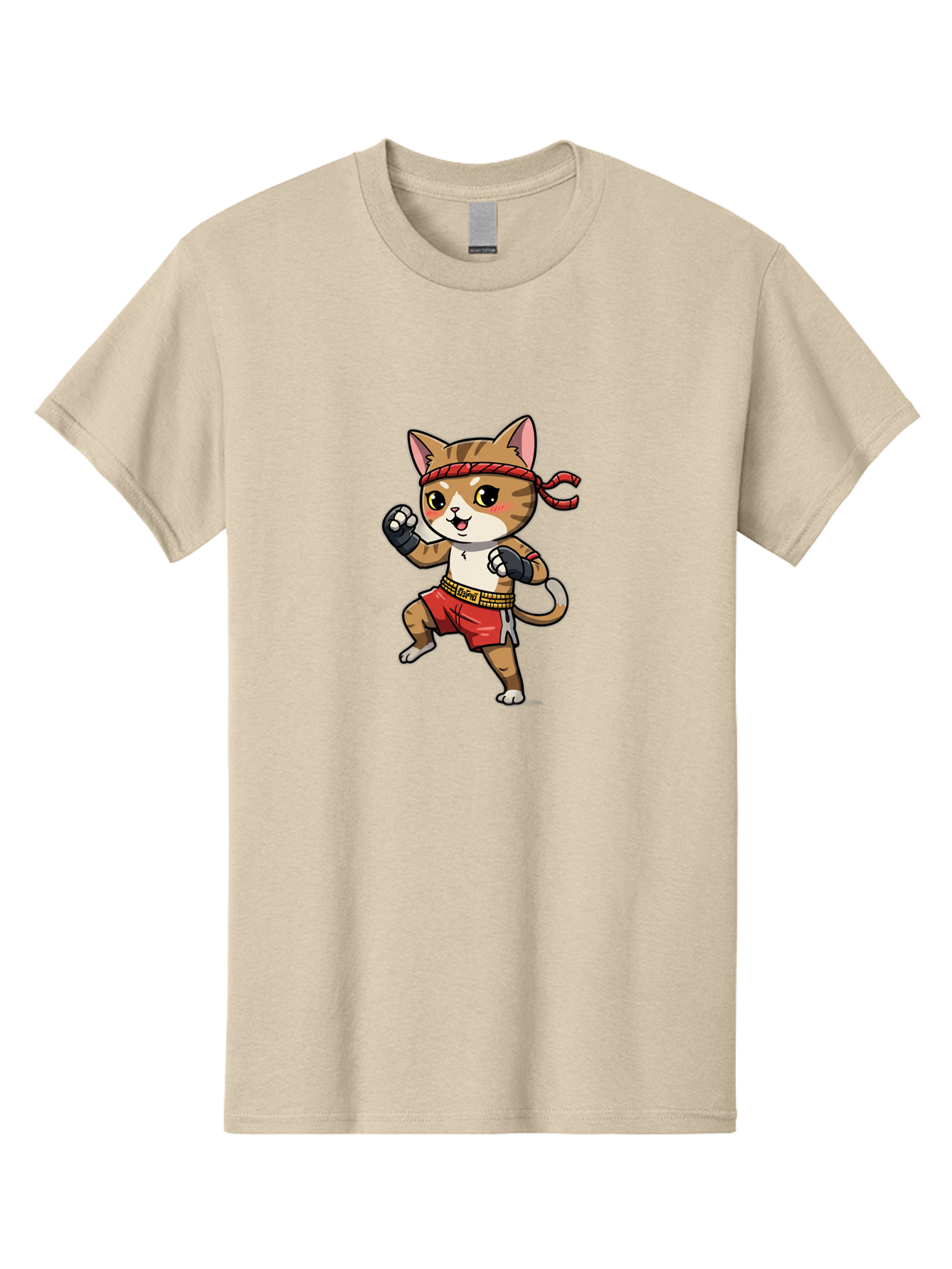 Muay-Thai-Kitten Men'S Graphic Tee, 100% Cotton, Comfortable Casual Summer Wear, Machine Washable, Cartoon Cat, Muay Thai Fighter, Martial Arts, Fighting Stance, Red Headband, Red Boxing Shorts, Black Gloves, Cute Expression, Bae562