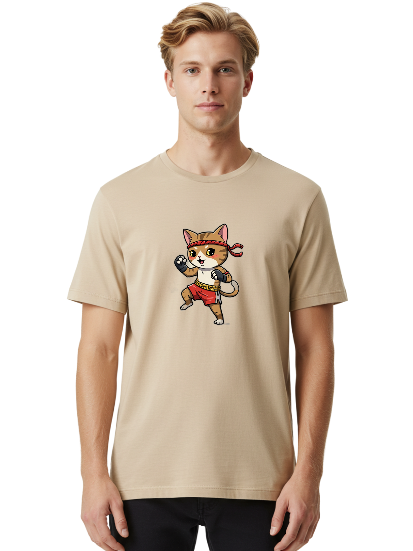 Muay-Thai-Kitten Men'S Graphic Tee, 100% Cotton, Comfortable Casual Summer Wear, Machine Washable, Cartoon Cat, Muay Thai Fighter, Martial Arts, Fighting Stance, Red Headband, Red Boxing Shorts, Black Gloves, Cute Expression, Bae562