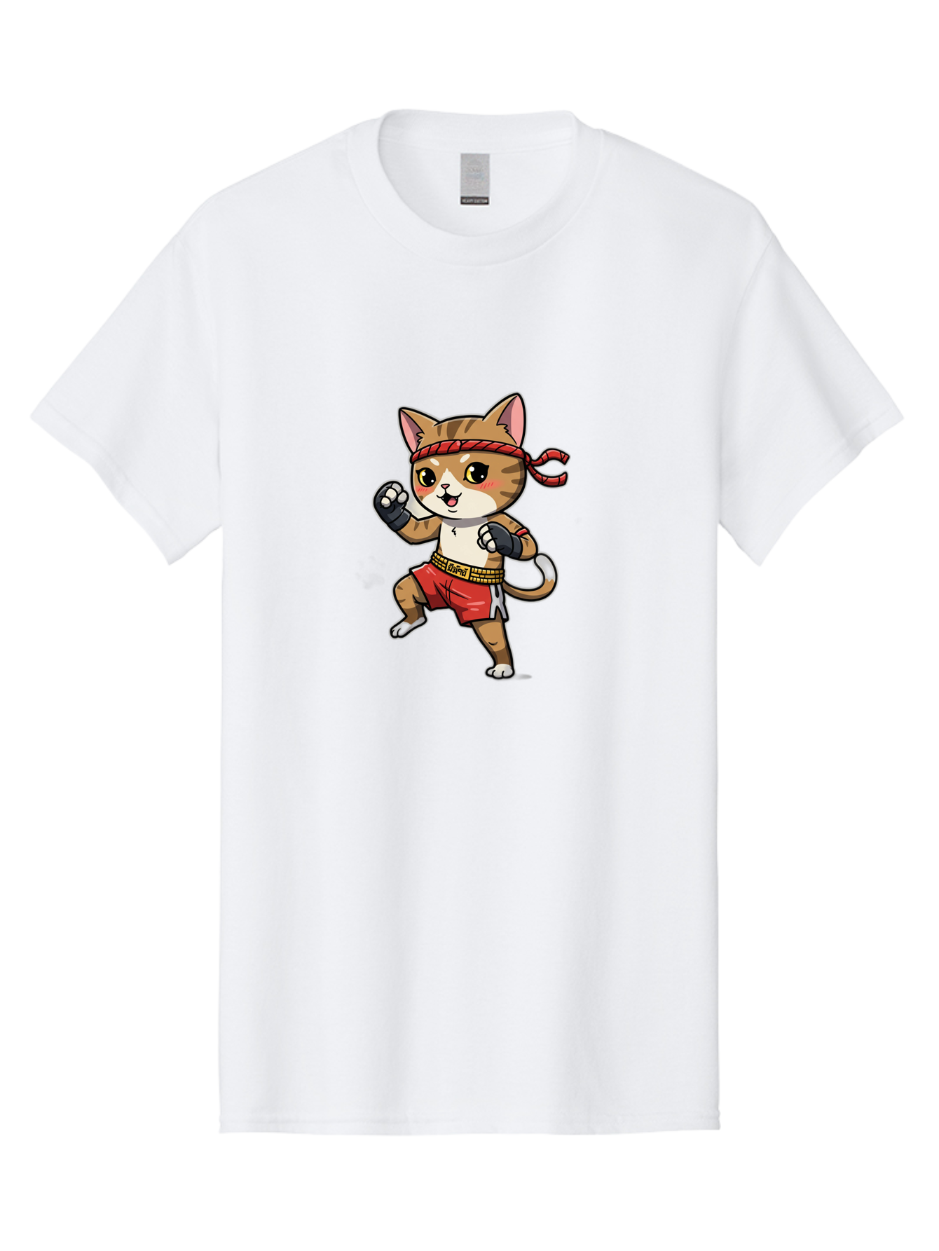 Muay-Thai-Kitten Men'S Graphic Tee, 100% Cotton, Comfortable Casual Summer Wear, Machine Washable, Cartoon Cat, Muay Thai Fighter, Martial Arts, Fighting Stance, Red Headband, Red Boxing Shorts, Black Gloves, Cute Expression, Bae562