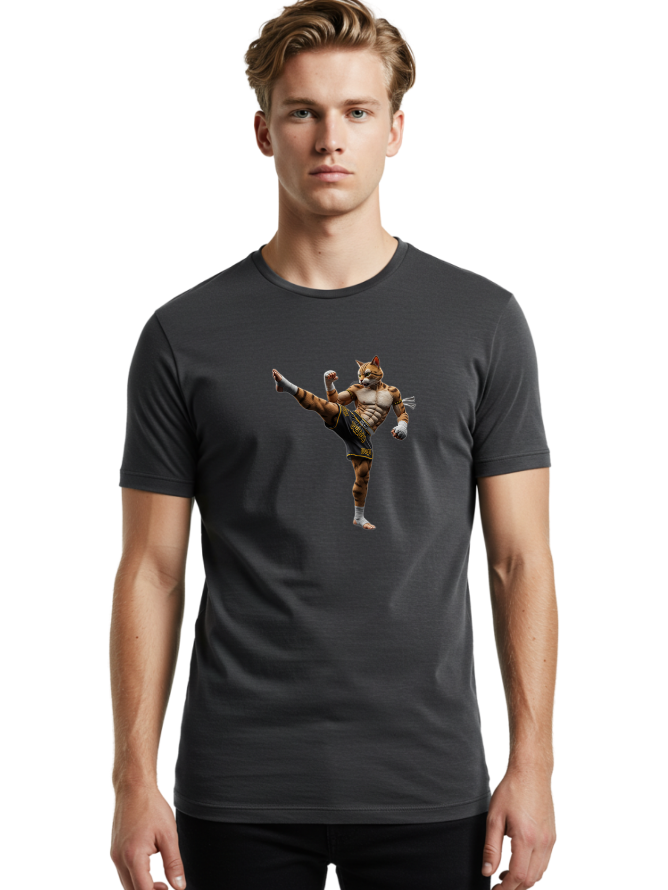 Muay-Thai-Tiger Men'S Graphic Tee, 100% Cotton, Comfortable Casual Summer Wear, Machine Washable, Cat Man In Kickboxing Pose, Muay Thai Fighter, Martial Arts, Kickboxing Stance, Action Figure, Cartoon Character, Humorous Illustration, Bae563