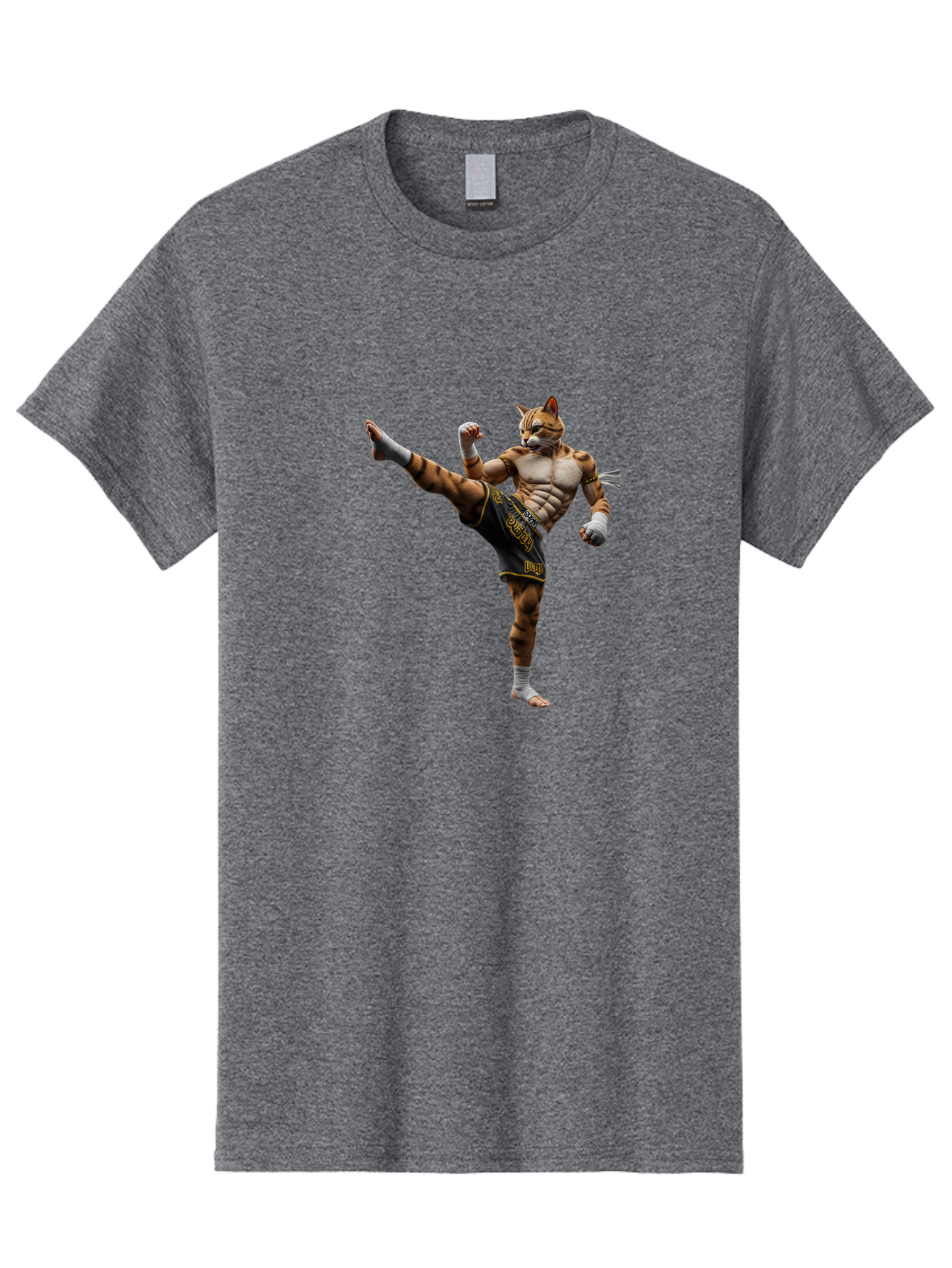 Muay-Thai-Tiger Men'S Graphic Tee, 100% Cotton, Comfortable Casual Summer Wear, Machine Washable, Cat Man In Kickboxing Pose, Muay Thai Fighter, Martial Arts, Kickboxing Stance, Action Figure, Cartoon Character, Humorous Illustration, Bae563