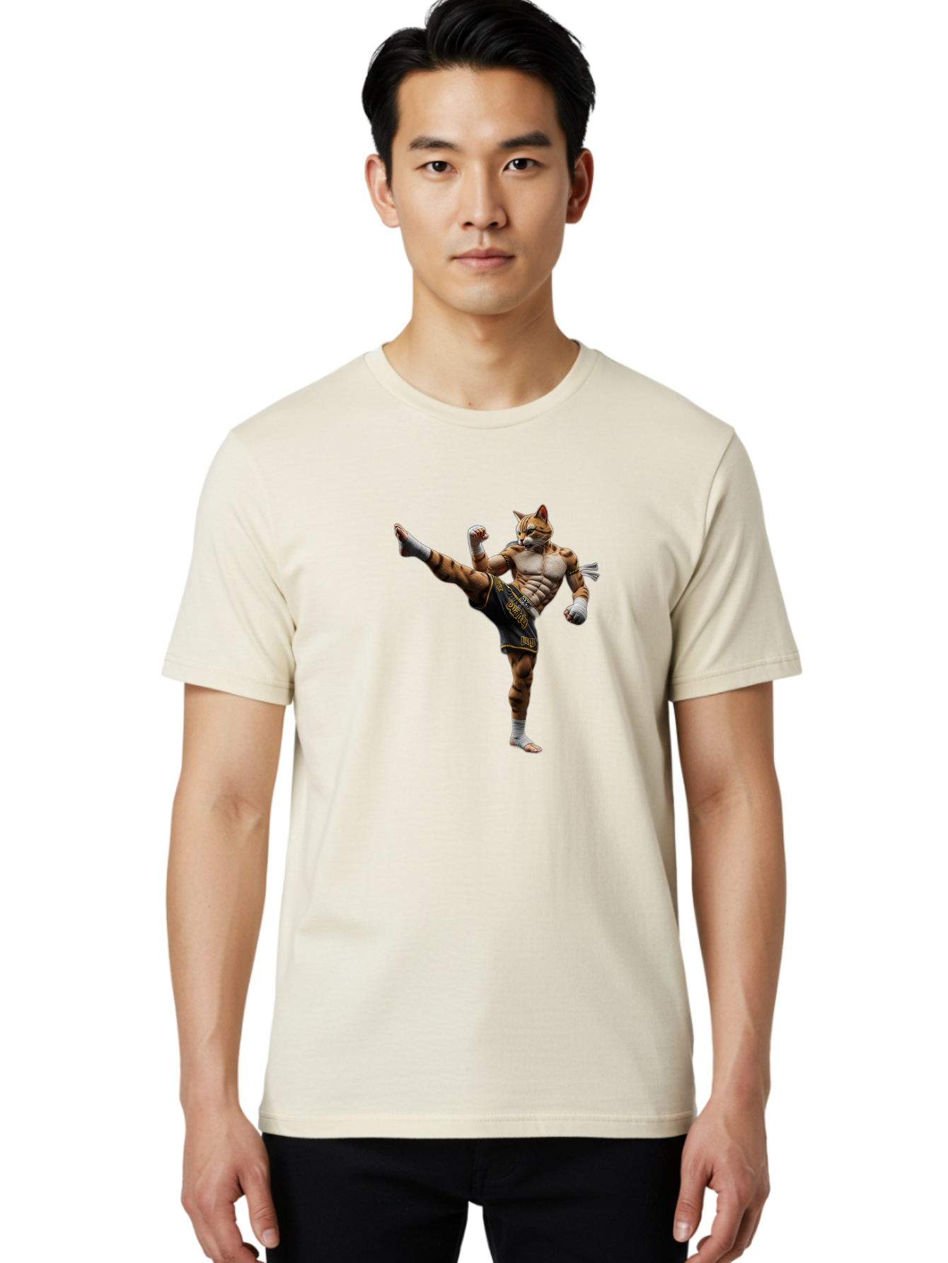 Muay-Thai-Tiger Men'S Graphic Tee, 100% Cotton, Comfortable Casual Summer Wear, Machine Washable, Cat Man In Kickboxing Pose, Muay Thai Fighter, Martial Arts, Kickboxing Stance, Action Figure, Cartoon Character, Humorous Illustration, Bae563