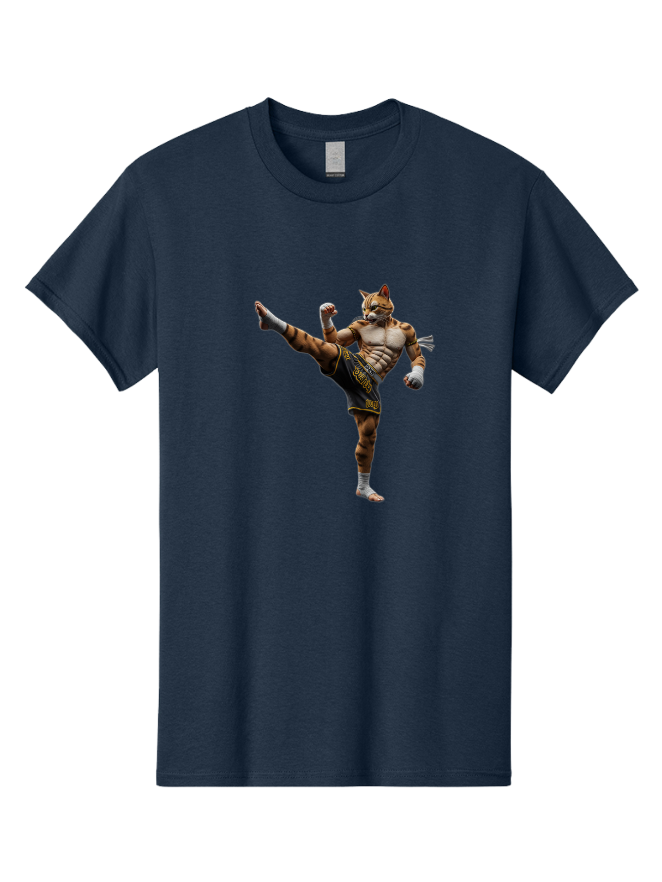 Muay-Thai-Tiger Men'S Graphic Tee, 100% Cotton, Comfortable Casual Summer Wear, Machine Washable, Cat Man In Kickboxing Pose, Muay Thai Fighter, Martial Arts, Kickboxing Stance, Action Figure, Cartoon Character, Humorous Illustration, Bae563