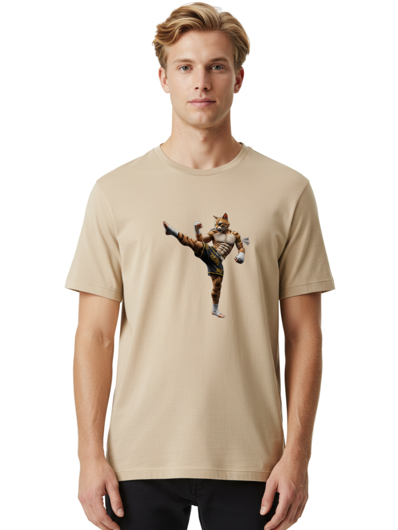 Muay-Thai-Tiger Men'S Graphic Tee, 100% Cotton, Comfortable Casual Summer Wear, Machine Washable, Cat Man In Kickboxing Pose, Muay Thai Fighter, Martial Arts, Kickboxing Stance, Action Figure, Cartoon Character, Humorous Illustration, Bae563