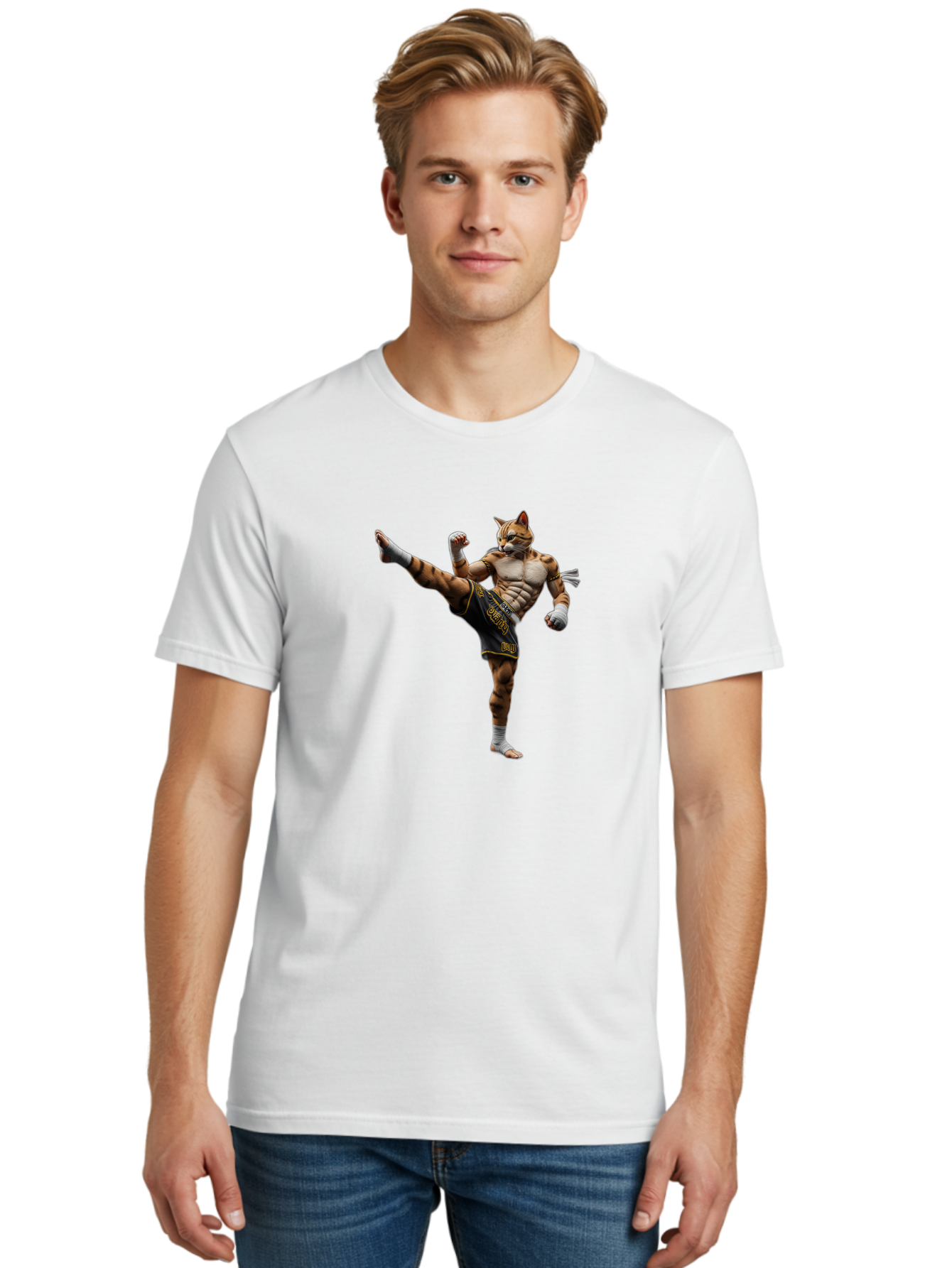 Muay-Thai-Tiger Men'S Graphic Tee, 100% Cotton, Comfortable Casual Summer Wear, Machine Washable, Cat Man In Kickboxing Pose, Muay Thai Fighter, Martial Arts, Kickboxing Stance, Action Figure, Cartoon Character, Humorous Illustration, Bae563