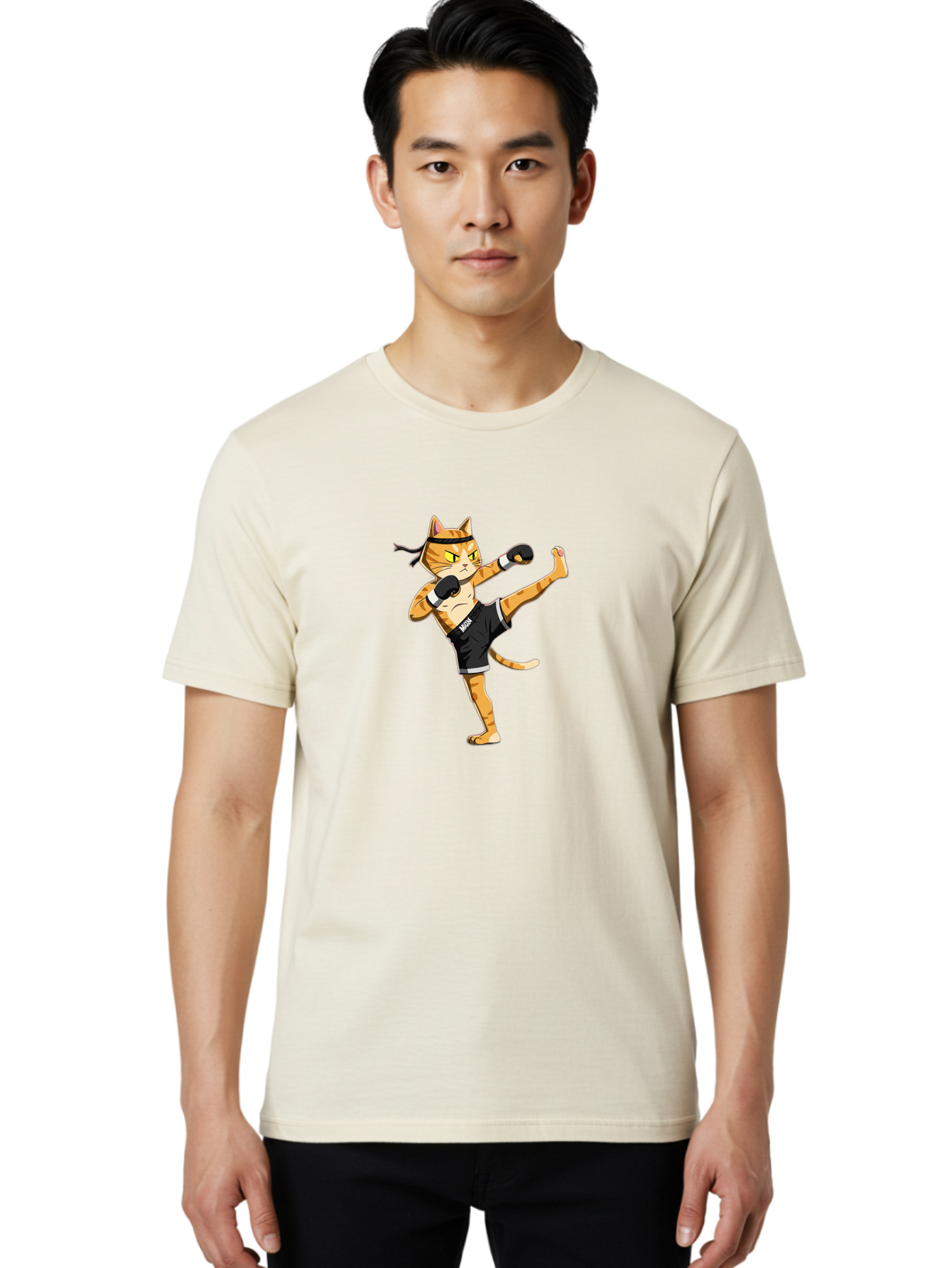 Muay Men'S Graphic Tee, 100% Cotton, Comfortable Casual Summer Wear, Machine Washable, Cartoon Cat, Muay Thai Fighter, Martial Arts, Kickboxing, Fighting Stance, Boxing Gloves, Muay, Ninja, Thai Boxing Bae564