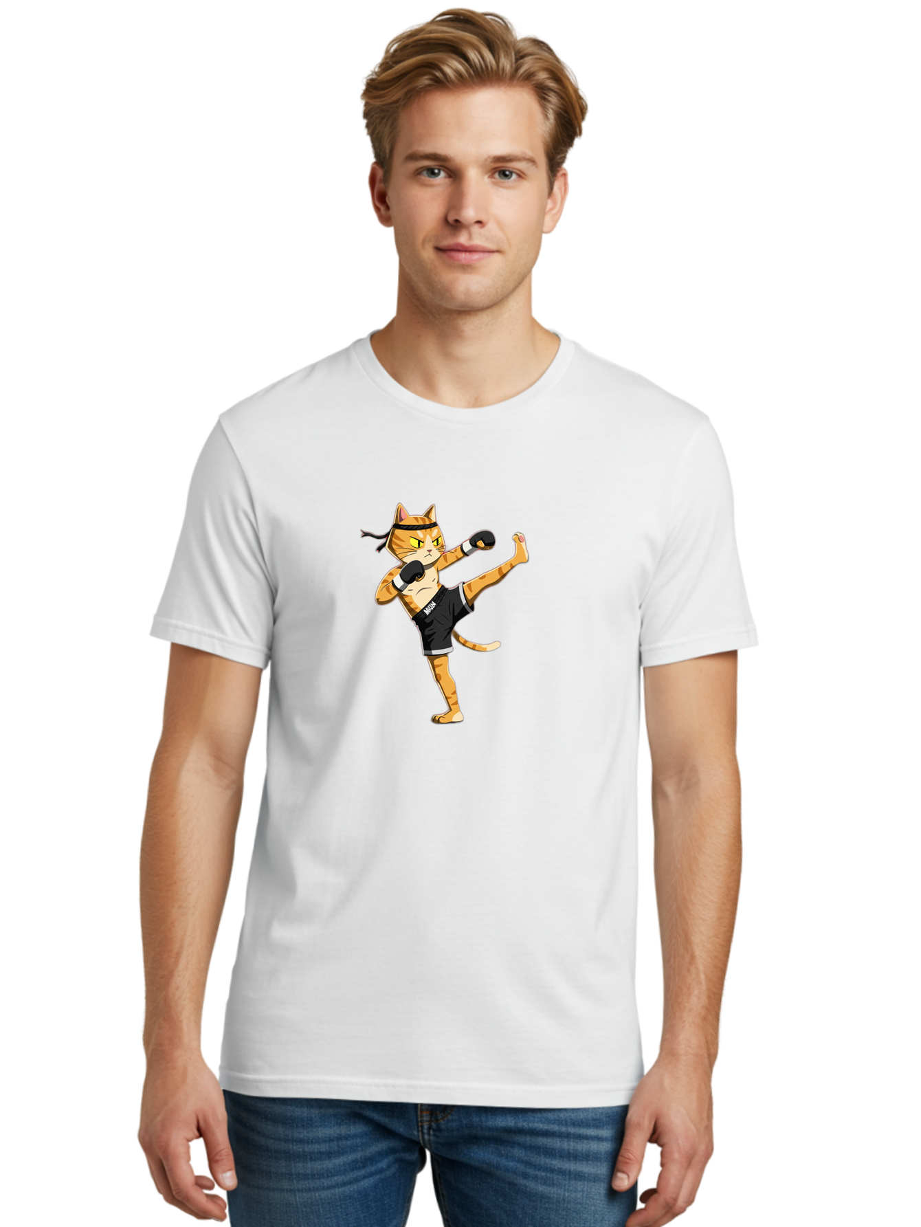 Muay Men'S Graphic Tee, 100% Cotton, Comfortable Casual Summer Wear, Machine Washable, Cartoon Cat, Muay Thai Fighter, Martial Arts, Kickboxing, Fighting Stance, Boxing Gloves, Muay, Ninja, Thai Boxing Bae564
