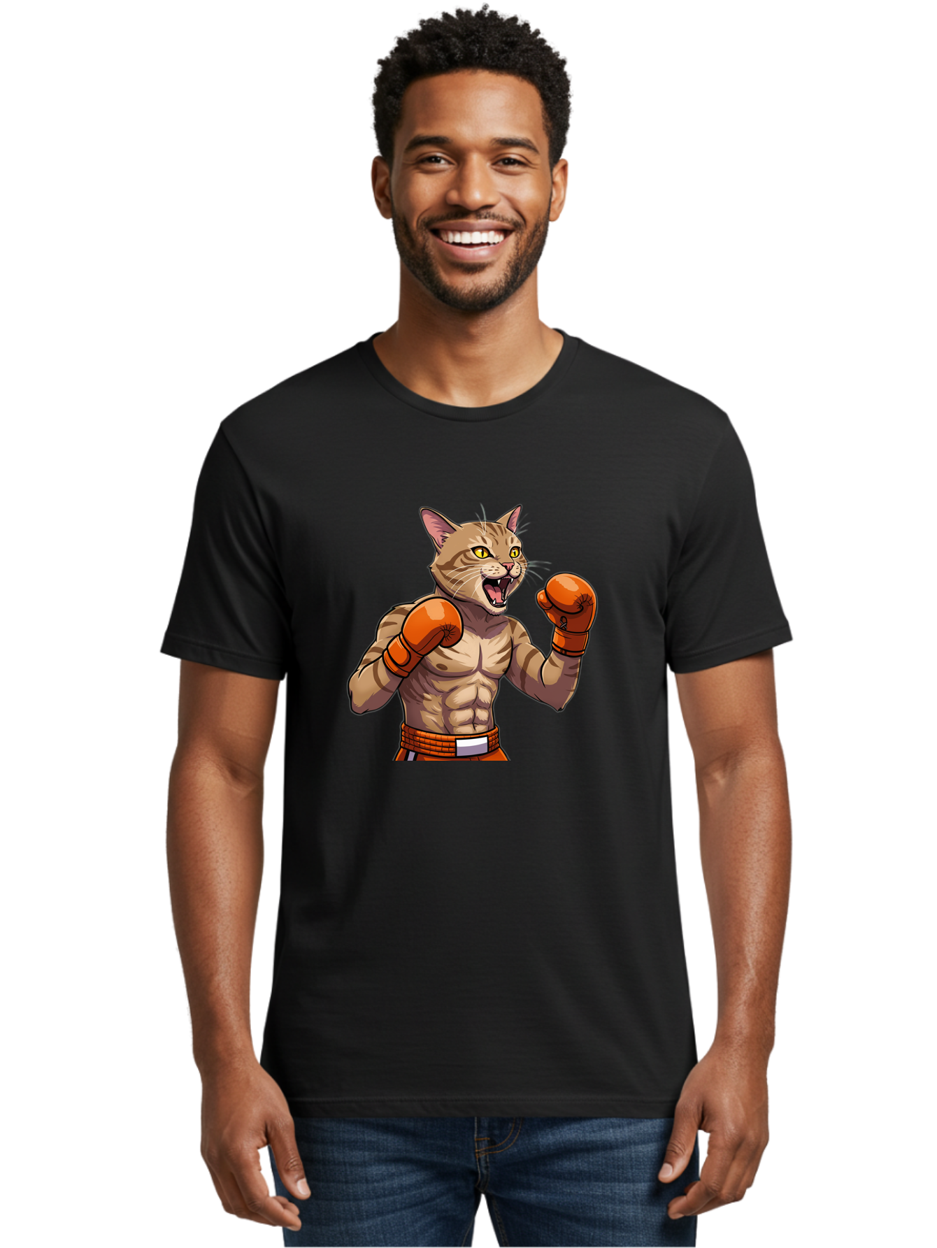 Muscle-Cat-Boxer Men'S Graphic Tee, 100% Cotton, Comfortable Casual Summer Wear, Machine Washable, Cartoon Muscular Cat, Boxing Gloves, Fierce Expression, Strong Physique, Funny Animal, Cartoon Character, Feline Boxer, Comic Art, Bae566