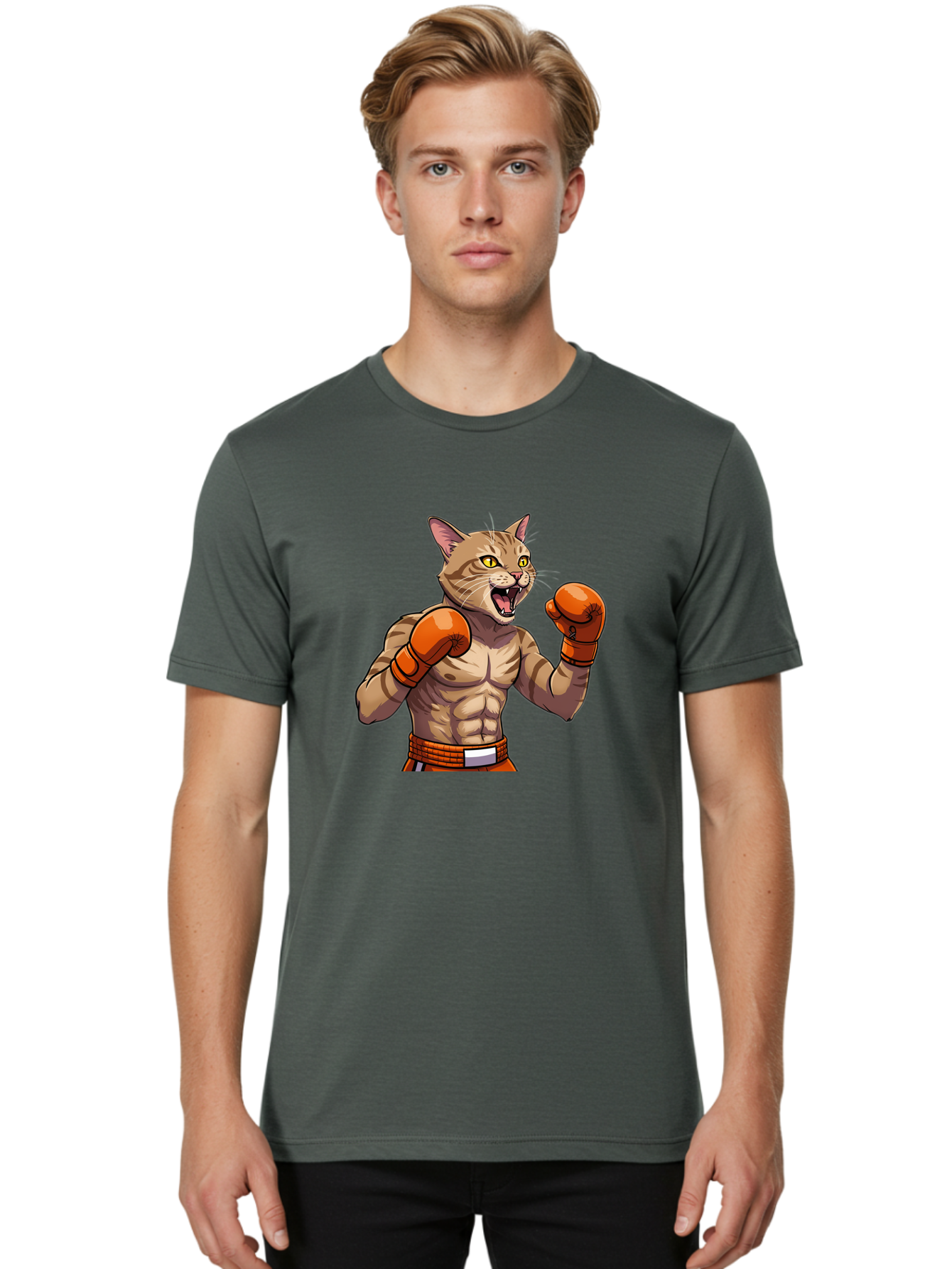 Muscle-Cat-Boxer Men'S Graphic Tee, 100% Cotton, Comfortable Casual Summer Wear, Machine Washable, Cartoon Muscular Cat, Boxing Gloves, Fierce Expression, Strong Physique, Funny Animal, Cartoon Character, Feline Boxer, Comic Art, Bae566