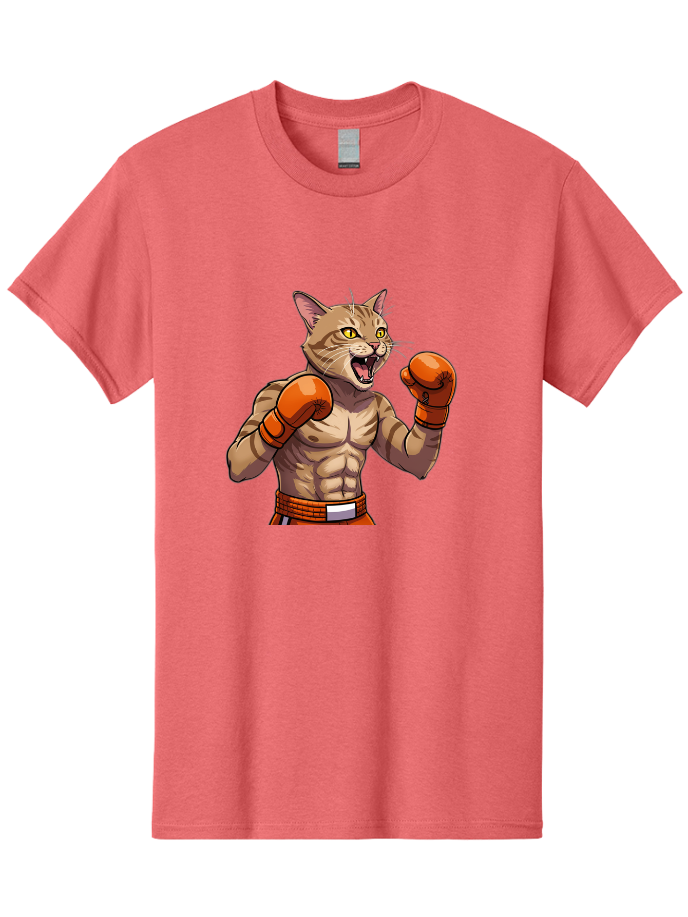 Muscle-Cat-Boxer Men'S Graphic Tee, 100% Cotton, Comfortable Casual Summer Wear, Machine Washable, Cartoon Muscular Cat, Boxing Gloves, Fierce Expression, Strong Physique, Funny Animal, Cartoon Character, Feline Boxer, Comic Art, Bae566