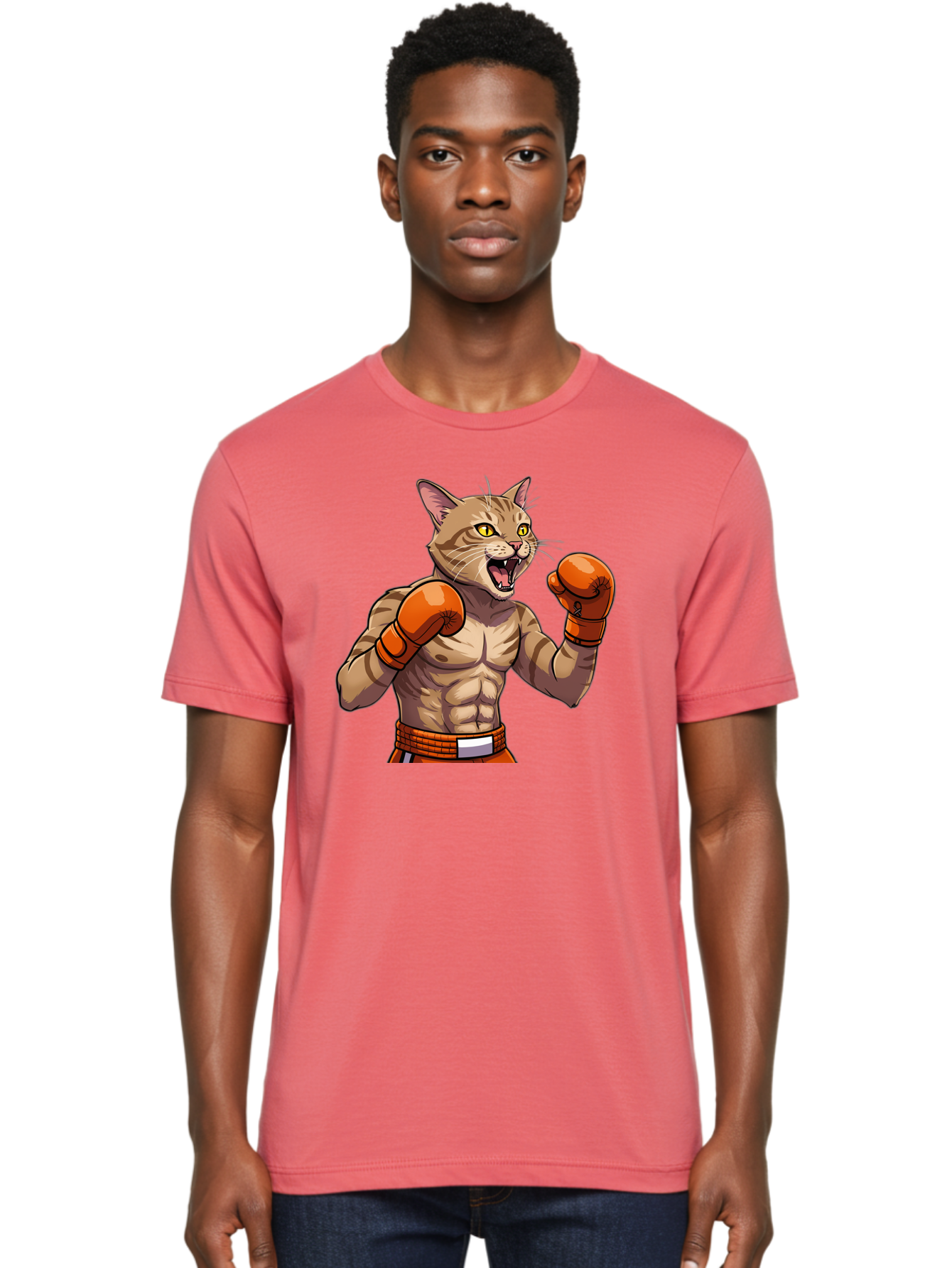 Muscle-Cat-Boxer Men'S Graphic Tee, 100% Cotton, Comfortable Casual Summer Wear, Machine Washable, Cartoon Muscular Cat, Boxing Gloves, Fierce Expression, Strong Physique, Funny Animal, Cartoon Character, Feline Boxer, Comic Art, Bae566