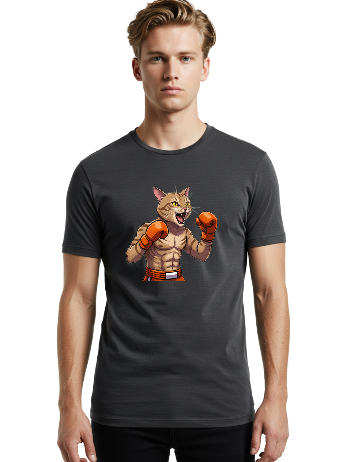 Muscle-Cat-Boxer Men'S Graphic Tee, 100% Cotton, Comfortable Casual Summer Wear, Machine Washable, Cartoon Muscular Cat, Boxing Gloves, Fierce Expression, Strong Physique, Funny Animal, Cartoon Character, Feline Boxer, Comic Art, Bae566